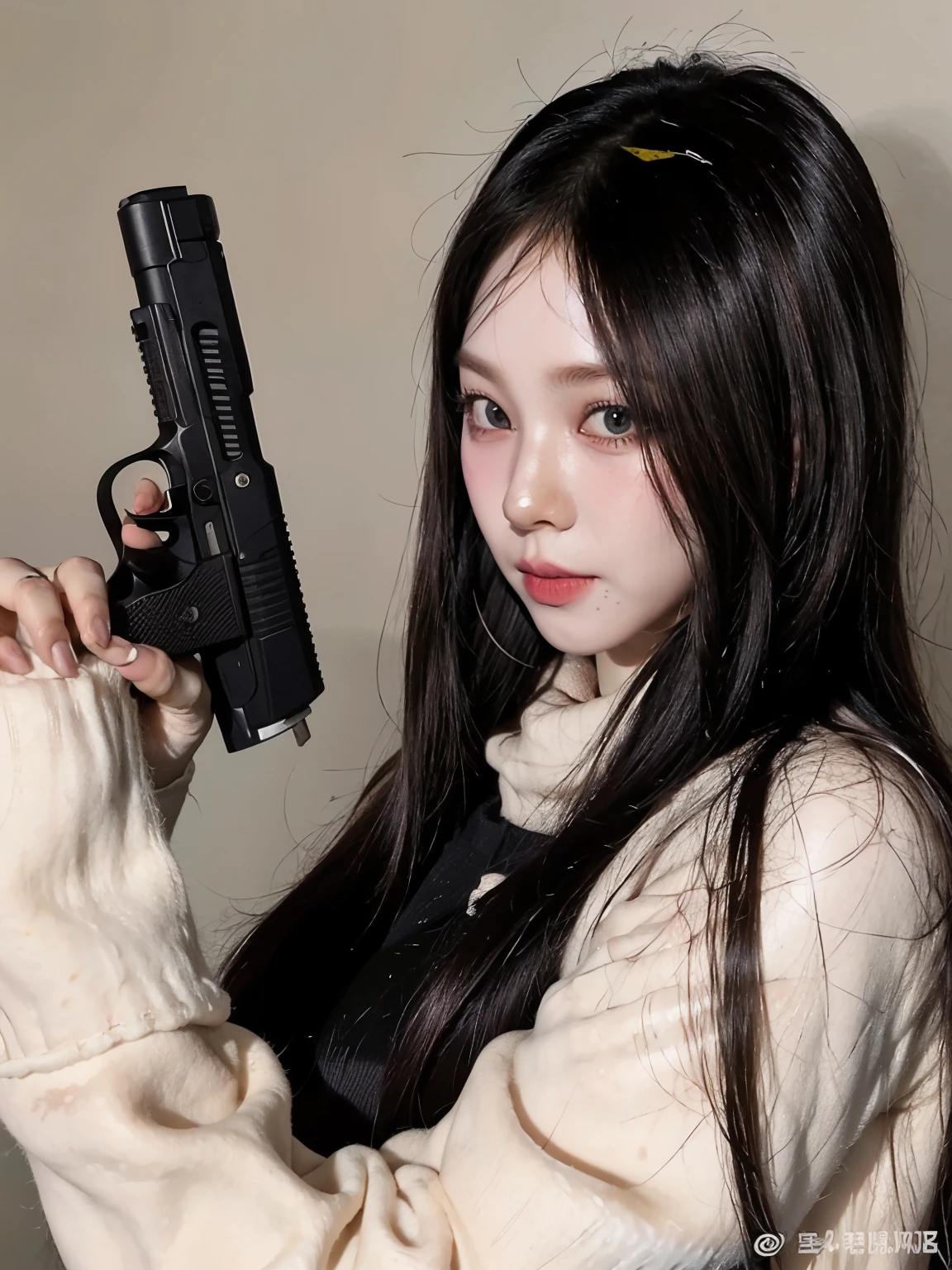 arafed woman holding a gun in her hand and looking at the camera, with pistol, with rifle, blackpink jennie, xision wu, with a gun, shooting pose, korean girl, ulzzang, iu lee ji-eun as a super villain, gongbi, roseanne park of blackpink, jaeyeon nam, armed, beautiful south korean woman, holding gun