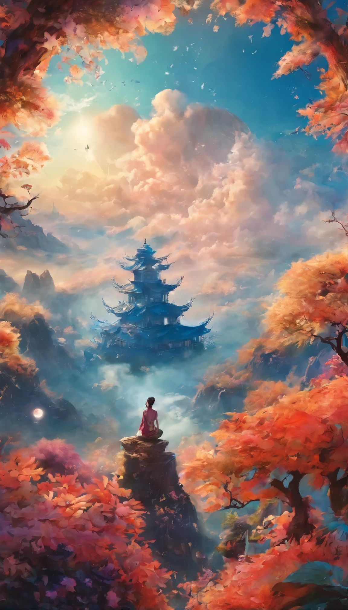 Blue sky in dreams，baiyun，Ultra-ethereal sky，Thick rolling white clouds，Like white clouds in a fairyland，The phoenix flies in a shape like a cloud，Clouds of giant birds spreading their wings，closeup cleavage，（ultra-realistic realism），（Unreal style），（8k wallpaper），（light and shadow effect），rendering by octane，White balance design，Extremely detailed picture depiction，wide angles，depth of fields，tmasterpiece，realisticlying，Beautifully depicted，A detailed，acurate，Works of masters，tmasterpiece