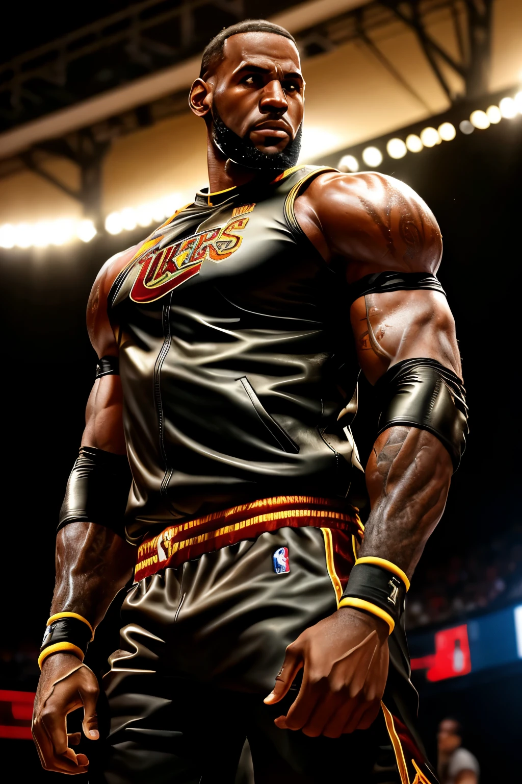 A giant statue of Lebron James, meticulously crafted in steel with a high-gloss finish, showcases the basketball legend in a powerful pose, flexing his enormous, bulging biceps. The intricate details of his muscles are accentuated by the tight leather jacket he wears, adding to his imposing presence. The background is neutral, creating a stark contrast against the vibrant shine of the statue. The lighting is cinematic, casting long, dramatic shadows that highlight the texture and contours of the sculpture. The sculpture's level of detail is astounding, from the individual strands of hair on Lebron's head to the veins bulging on his arms. The unique