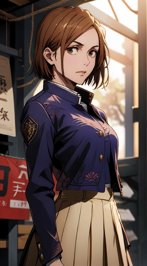 1girl, cowboy shot, beautiful Nobara, school_uniform, bangs, jacket,, volumetric lighting, best quality, masterpiece, intricate details, tonemapping, sharp focus, hyper detailed, trending on Art Station, 4k,full body