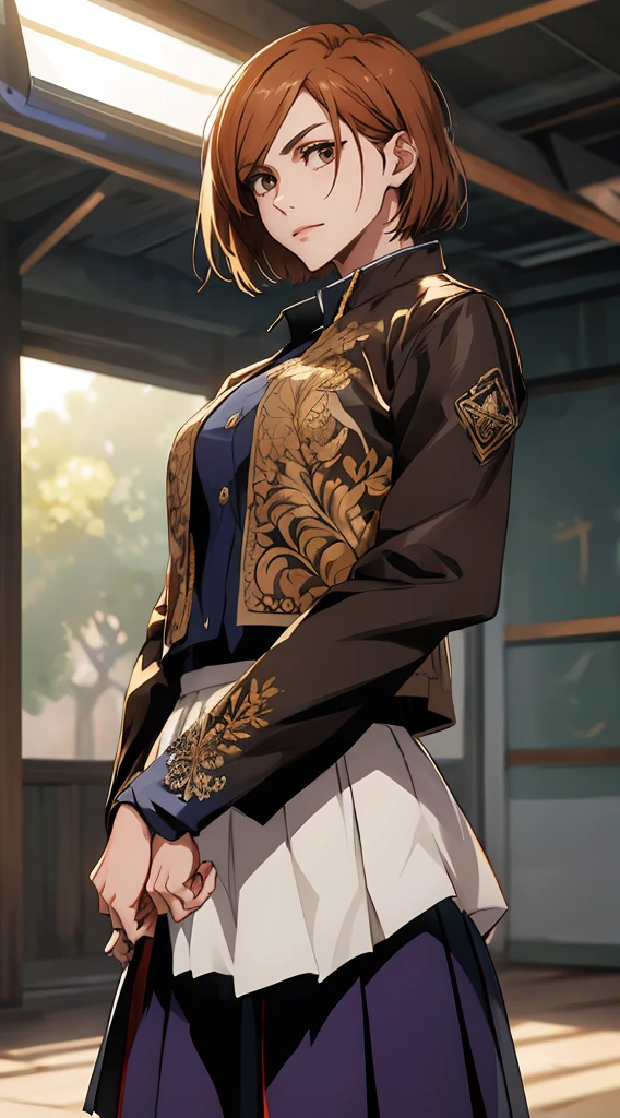 1girl, cowboy shot, beautiful Nobara, school_uniform, bangs, jacket,, volumetric lighting, best quality, masterpiece, intricate details, tonemapping, sharp focus, hyper detailed, trending on Art Station, 4k,full body