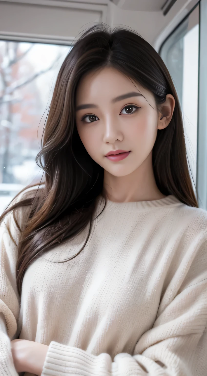 muste piece、best quality、illustration、 Super detailed、fine details、 High resolution、8K Dende Wallpaper、perfect dynamic composition、31 year old beautiful mature woman、clear、detailed face、detailed eyes、textured skin、faint smile、small breasts、bold sexy pose、Winter casual wear、