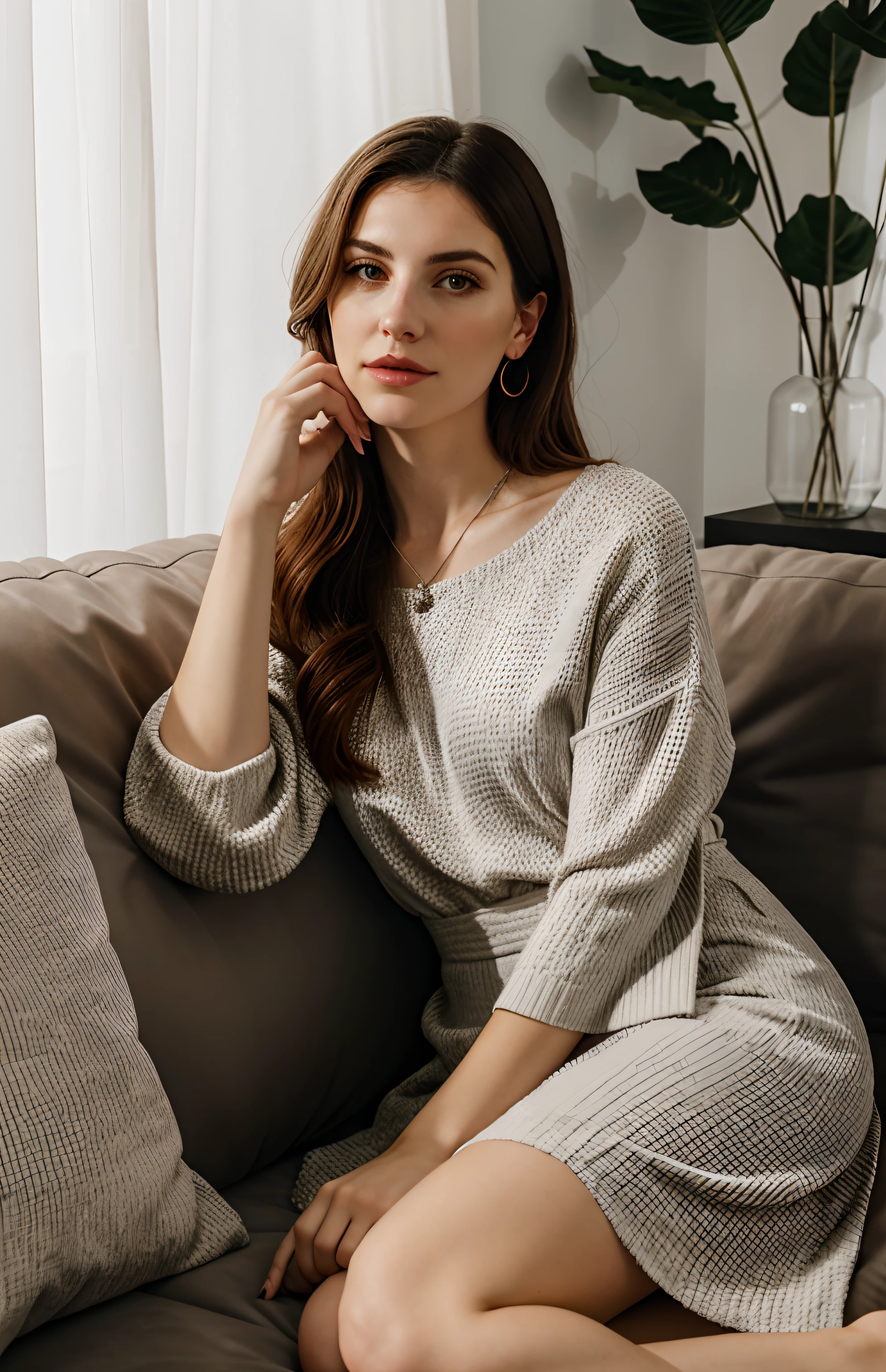 Woman sitting on a couch with her hand on her chin, hand on her chin, sentado com os pulsos juntos, Jovana Rikalo, Christina Kritikou, vestindo roupas casuais elegantes, Alina Ivanchenko, Serena Malyon, Karla Ortiz, mulher jovem sofisticada, inspired by Verónica Ruiz de Velasco, Mina Petrovic