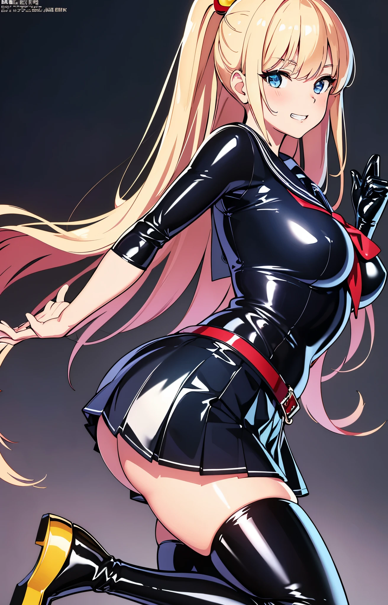 official art, Mistress、Highly detailed CG Unity 8K wallpaper, highest quality, masterpiece, High resolution,shiny latex thigh-high boots, Blonde straight long hair, brown belt,  leather shoulder bag、latex gloves,  (shiny latex sailor suit:1.6)、（Latex School Uniform)、(shiny latex pleated skirt:1.6)、 Leather texture, full body photo, melon face, small face, （big breasts）、（grinning grin）、（latex high heels）、tread on、kicking