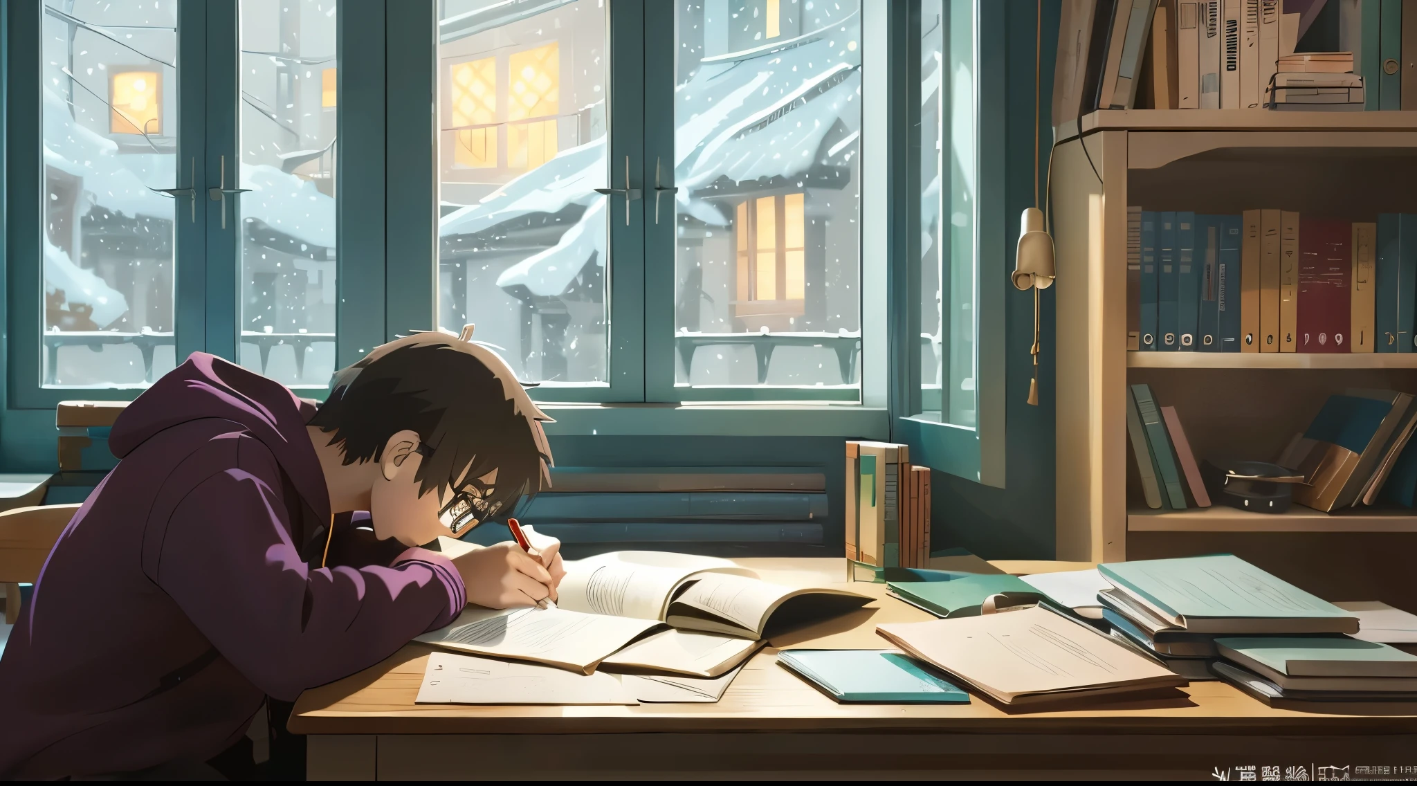 A sitting boy wearing glasses opens a notebook and is studying while looking at a reference book, in anime style, anime style, art style, anime realism style, digital anime illustration, , Produced at Anime Artist Studio, realistic anime cat, ghibli anime style,that'It's snowing outside the window,winter,late night、There'Stove in the room,No credit required at bottom right、Steam is coming out of the mug