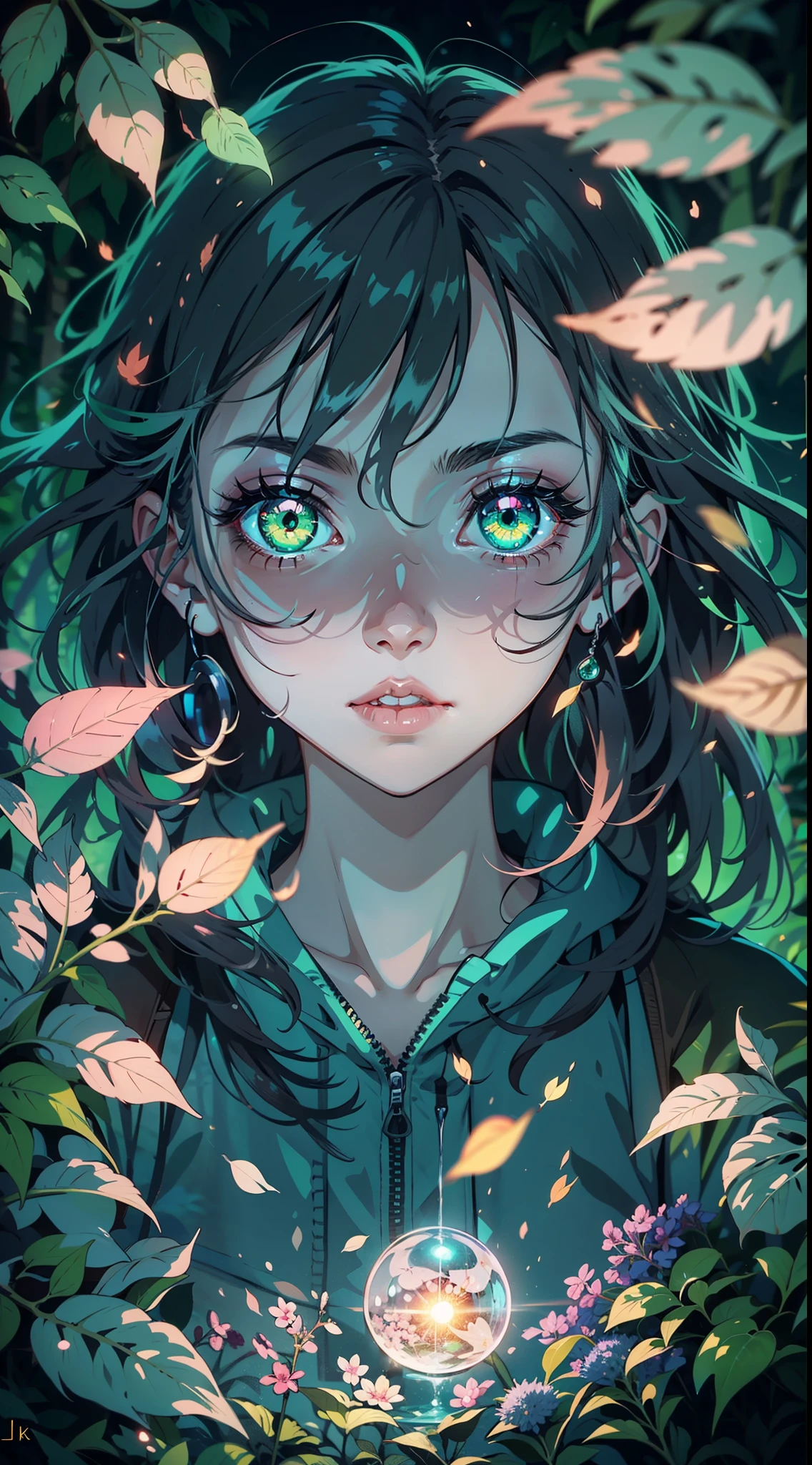 anime girl with green eyes in the dark surrounded by leaves, green glowing eyes, with glowing eyes, magical glowing eyes, anime lush john 8k woods, dark glowing rain, glowing eyes everywhere, eerie glowing eyes, glowing eyes, eyes glowing, numerous dimly glowing eyes, anime style. 8k, glowing green eyes, glowing magical eyes, very glowing eyes