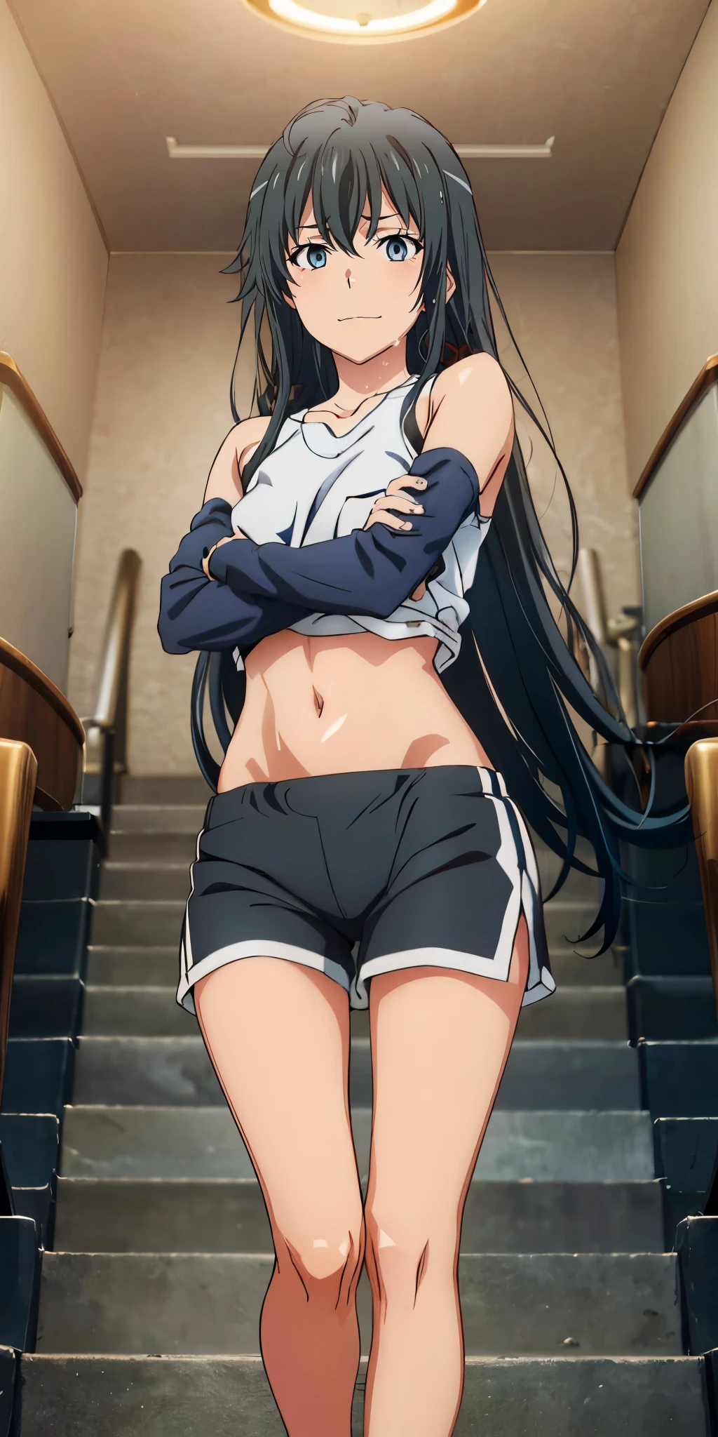 (yukinoshita_yukino:1.1), long hair, medium breast, 1girl, black hair, aqua eyes, sport wear, sweating, wet hair, hair over flowing, intense gaze, (athletic, energetic) figure, (determined, focused) expression, (graceful, agile) movements, from below, (dim, subdued) lighting, in-room, standing, crossed arms, navel, belly focus
