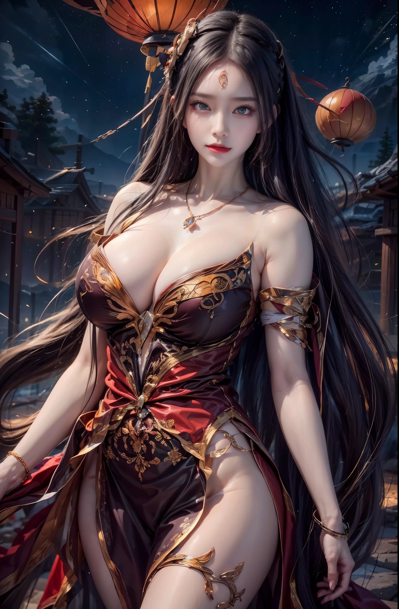 realistic, 1 women, best quality, 12k, HD, long hair, big round breasts, cleavage, ponytail, necklace, jewelry, shorts, short jacket, slim hips, hair tie, yellow eyes, black hair, super detailed, Eye details, hair details, person details, mouth details, face details, breast details, clothes details, hair details, pants details, hand details, whole body