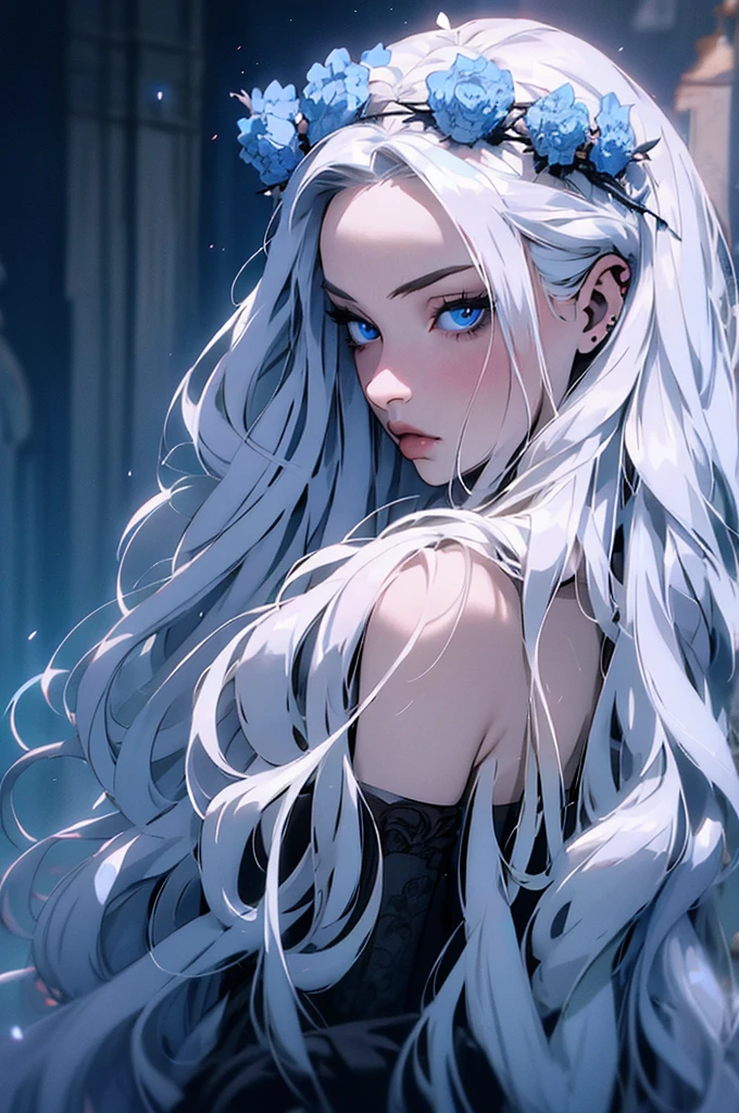hyper-realistic of a mysterious woman with flowing silver hair, piercing blue eyes, and a delicate floral crown, backwards, looking back, upper body