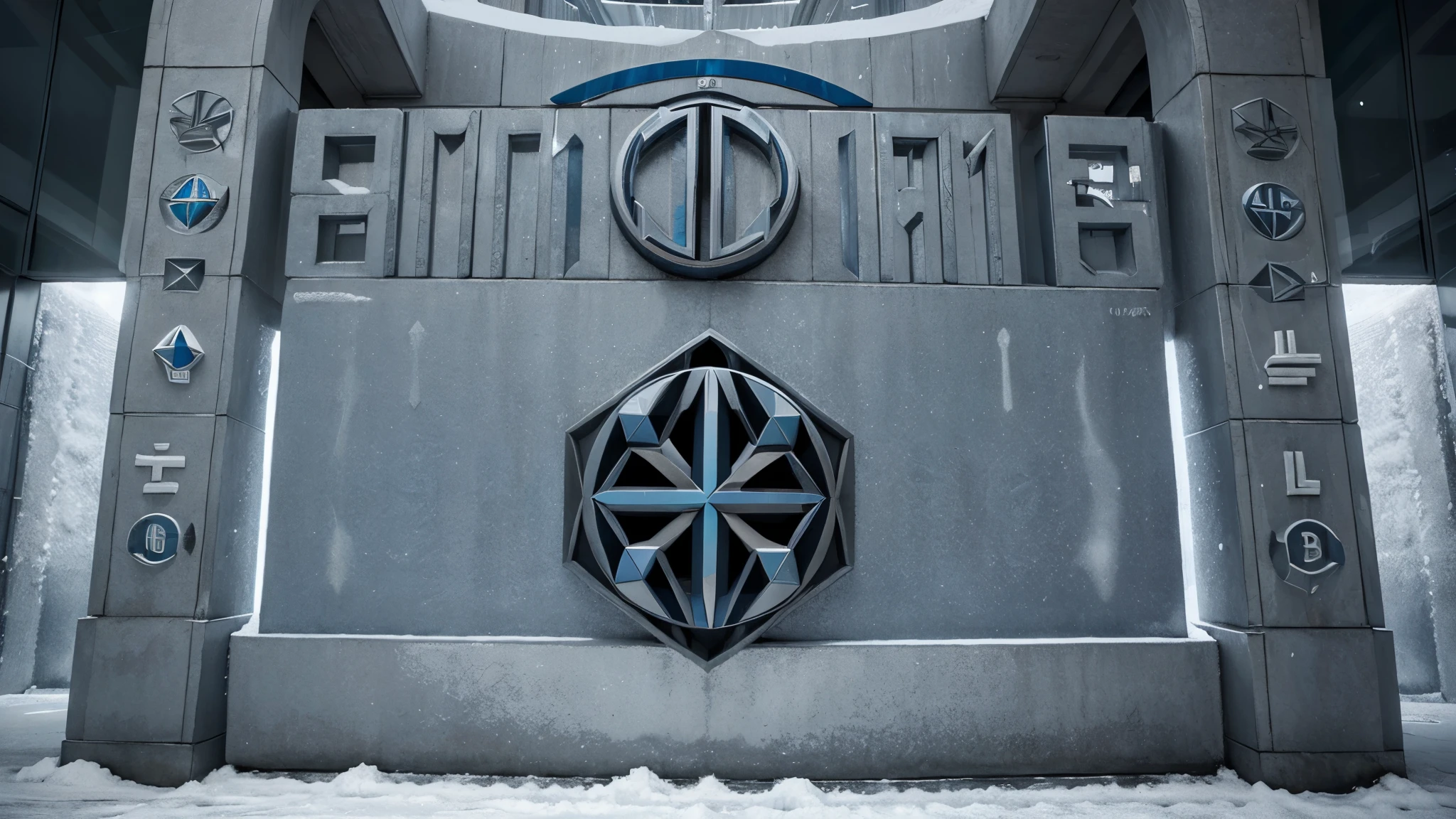bas relief, grey, cold, blue, cold color, cold town, ((((symmetric logo))))

