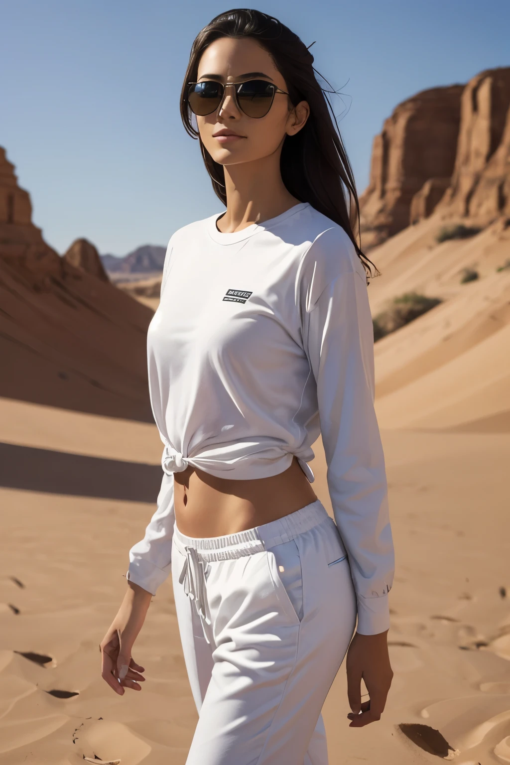 ((Best quality)), ((masterpiece)), ((realistic)), ((Best quality)), ((masterpiece)), ((realistic)), Girl walking in desert, extremely small pointy breasts, looking tired, wearing sci-fi rebel khaki Loose-fitting futuristic clothing Long-sleeved shirts and pants, Hagger, Sunglasses, very beautiful, in a natural and casual style on eye level, scenic, masterpiece, (high res.), original, extremely detailed 8K , (photorealistic:1.4),flawless face, perfect eyes, symmetrical body shape, smile, Completed63%