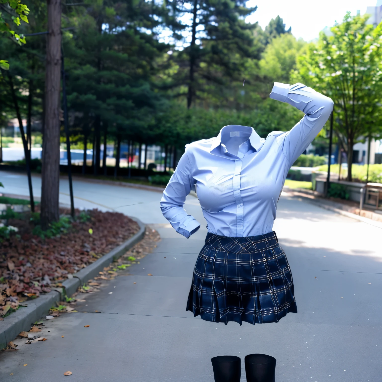 school uniform in park, (bra visible through clothes), stripe tie, plaid skirt, (invisible, no humans, headless, faceless:1.5), cute big breasts