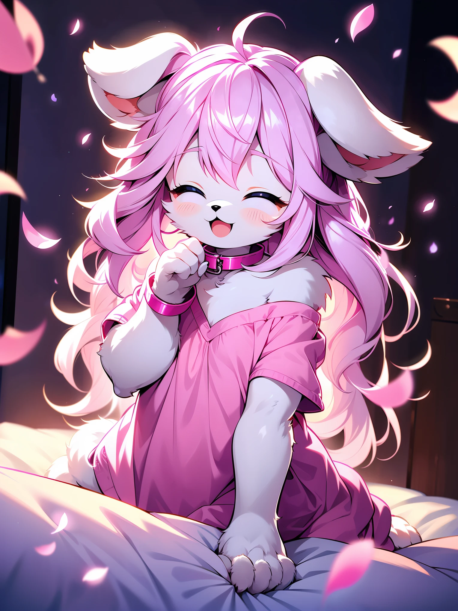 little dog girl　fluffyの尻尾　pink long hair　furry sleeping in bed　small breasts　nipple　naked without clothes　Dog collar　furry cute top quality　Happy time　 best image quality, ultra high resolution, fancy　dream-like　fluffy　pink petals dance　night　moon