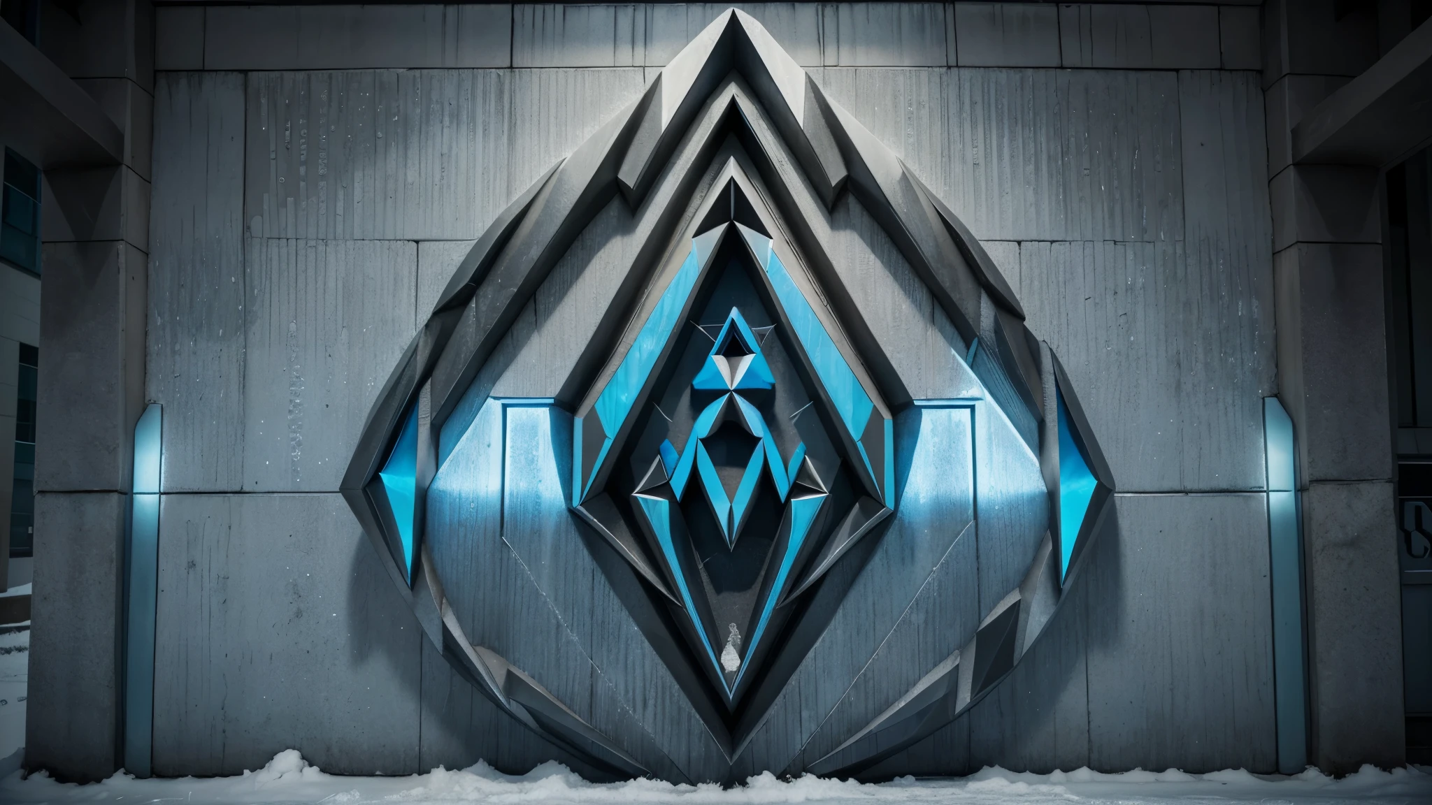 bas relief, grey, cold, blue, cold color, cold town, ((((symmetric logo)))), facade, debian, logo, symetric logo
