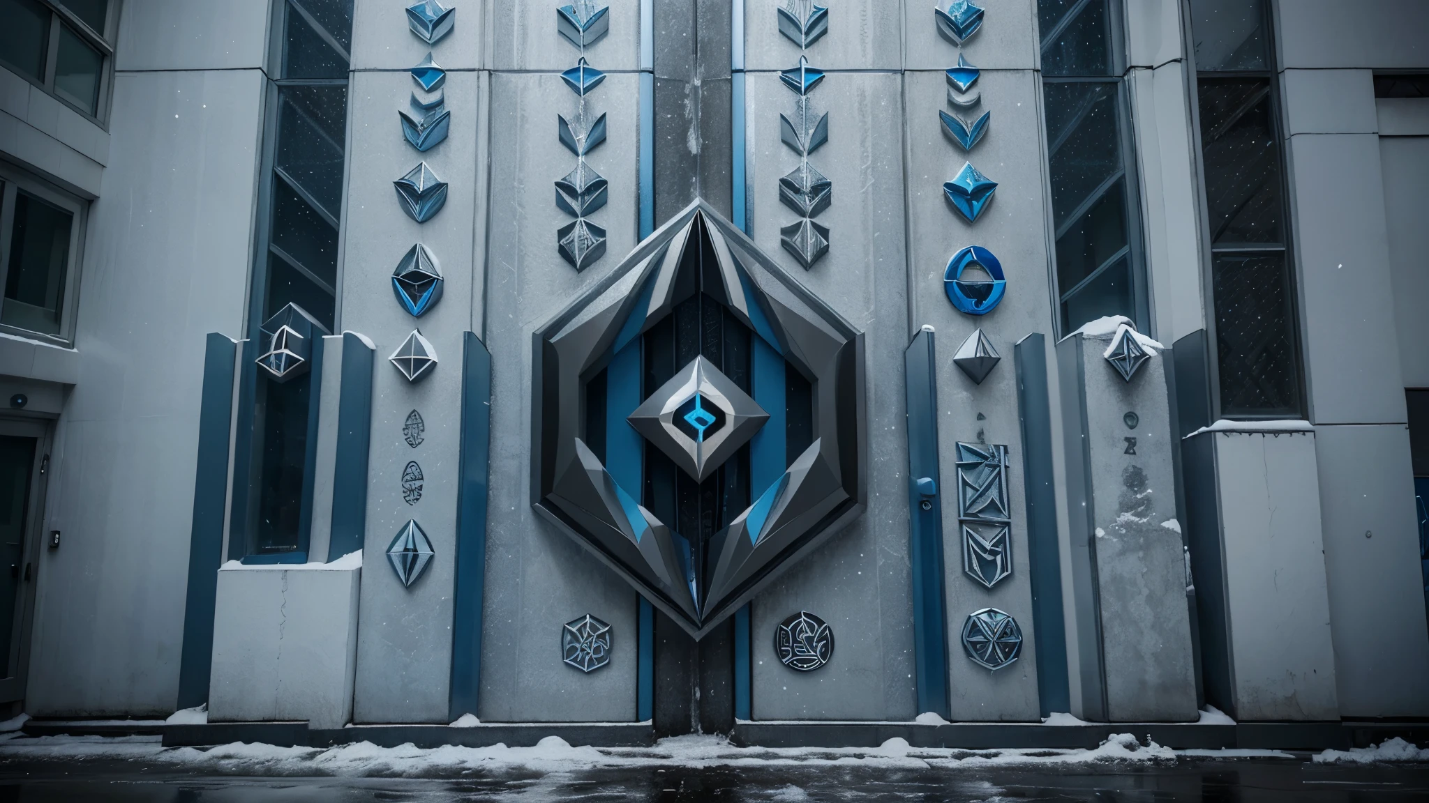 bas relief, grey, cold, blue, cold color, cold town, ((((symmetric logo)))), facade, debian, logo, symetric logo
