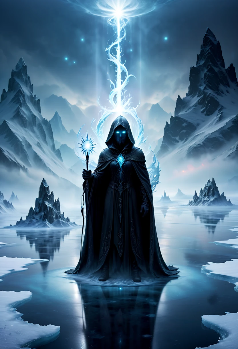 photography in the style of detailed hyper realism, hyper-realistic image of an enigmatic figure standing on a frozen lake, cloaked in a dark garment with a perfectly round hood. The figure brandishes a glowing magic wand, surrounded by an aura of mystic energy. Below the ice, a shadowy creature lurks, its form vaguely discernible through the translucent frozen surface, adding a layer of intrigue and potential danger. The backdrop is a range of towering, fog-enshrouded mountains under a heavy, overcast sky, contributing to the scene's ominous tone. The atmosphere is silent and still, filled with the essence of ancient magic and concealed knowledge. The reflections of the figure, the glowing wand, and the obscure shape of the creature beneath the ice create a compelling and surreal visual narrative, (best quality, masterpiece, Representative work, official art, Professional, Ultra detailed, 8k:1.3)