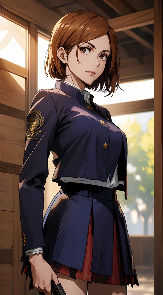 1girl, cowboy shot, beautiful Nobara, school_uniform, bangs, jacket,, volumetric lighting, best quality, masterpiece, intricate details, tonemapping, sharp focus, hyper detailed, trending on Art Station, 4k,full body