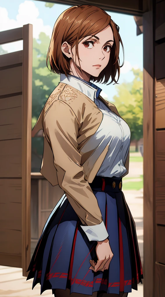 1girl, cowboy shot, beautiful Nobara, school_uniform, bangs, jacket,, volumetric lighting, best quality, masterpiece, intricate details, tonemapping, sharp focus, hyper detailed, trending on Art Station, 4k,full body