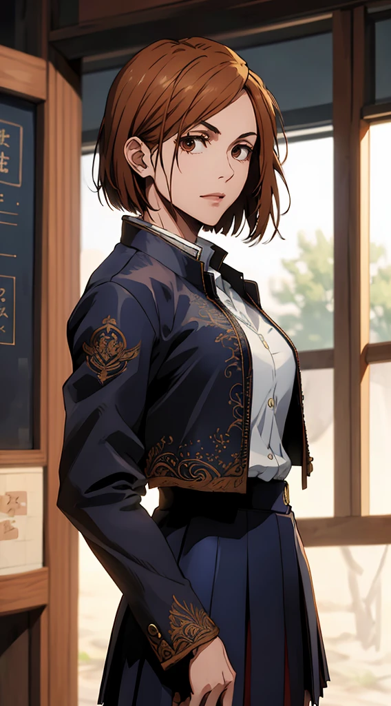 1girl, cowboy shot, beautiful Nobara, school_uniform, bangs, jacket,, volumetric lighting, best quality, masterpiece, intricate details, tonemapping, sharp focus, hyper detailed, trending on Art Station, 4k,full body
