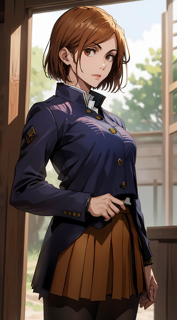 1girl, cowboy shot, beautiful Nobara, school_uniform, bangs, jacket,, volumetric lighting, best quality, masterpiece, intricate details, tonemapping, sharp focus, hyper detailed, trending on Art Station, 4k,full body