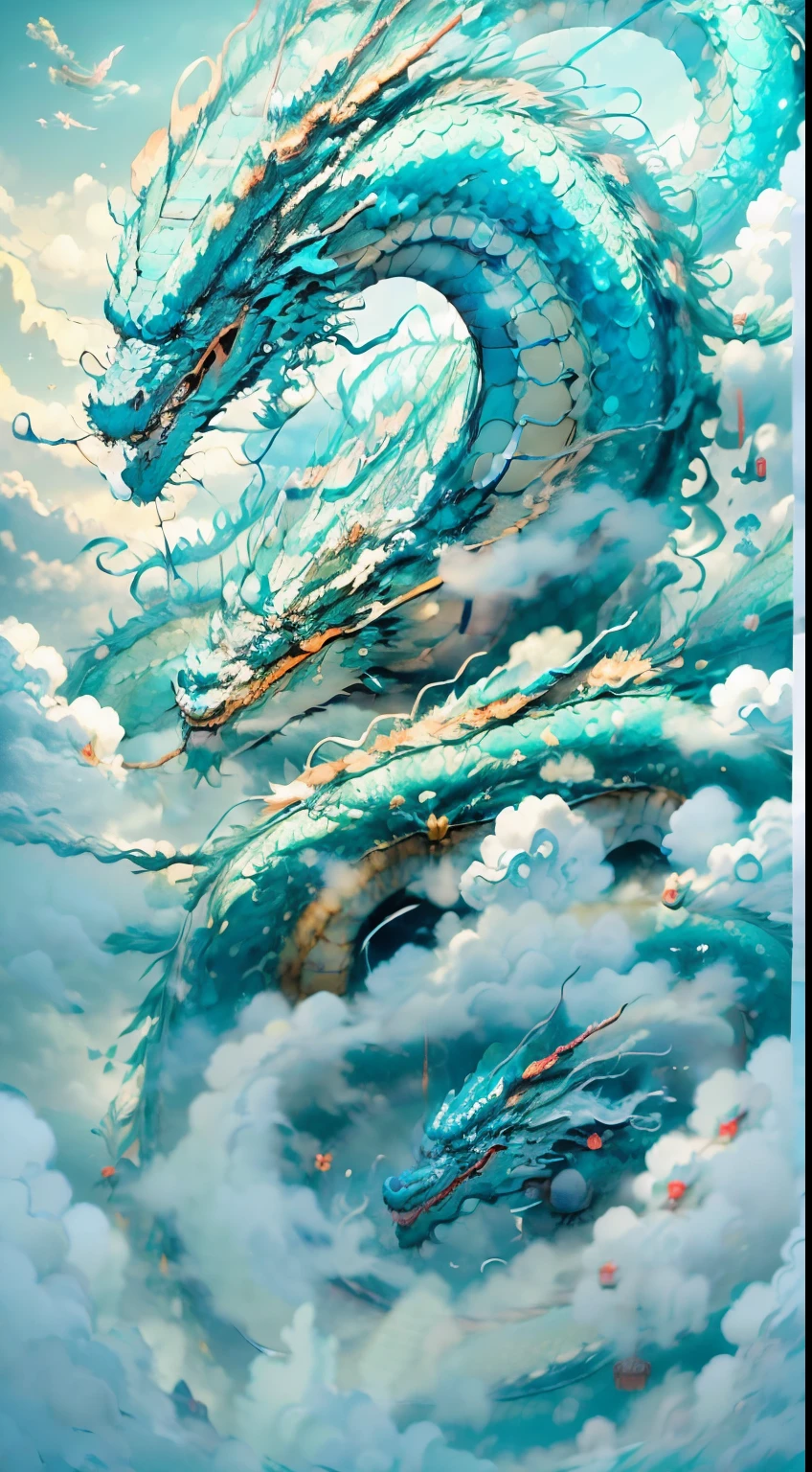 ((A dazzling Chinese dragon flew over the rolling white clouds in the sky:1.5),(Under the dragon there is 1 ancient Chinese beauty:1.3), sun shining through clouds,Chinese Ancient Architecture,(tmasterpiece),(Best picture quality),(Very detailed and uniform picture),(Extremely detailed picture details),(8k wallpaper),(Chinese folk style painting),(light and shadow effect),(Obvious layering),(Tyndall effect),style of surrealism,(Expressive graphic style),(Visual impact),Ray