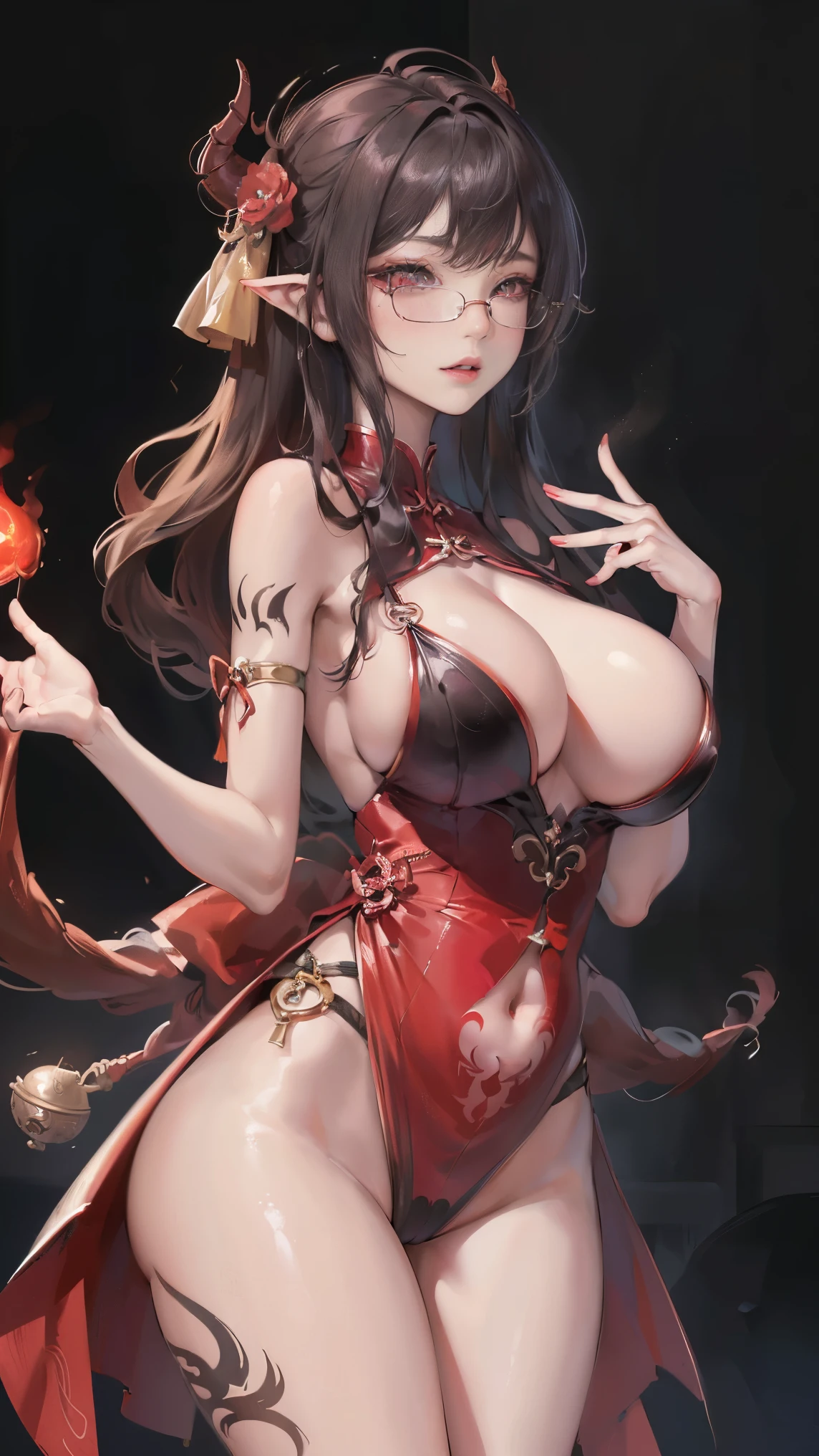 (best illustrations)、8k UHD resolution、intricate details、highest quality、realistic、Super detailed、best lighting、best shadows、soft lighting、Ultra HD、超realistic、Tyndall effect、Photoreal、(high detail skin:1.2)、 (intricate details, complement, face to face_v1:0.5), (beautiful and delicate face, beautiful and delicate eyes, perfectly proportioned face, high resolution skins, fine skin, Optimal ratio of 4 fingers and 1 thumb, arm under chest, red tattoo on lower abdomen、wow wow, wide hips, smooth abdomen, thin and thin skin, __fashion__, __hair__:1.25)、Digital single-lens reflex camera、 absurd、(table top: 1.3), (maximum resolution: 1.2), (Ultra HDTV: 1.2), cinematic light, fine eyes and skin, detailed facial features, , (sharp focus: 1.2), (focus on face:1.2),perfect style, beautiful face, acura, anatomically correct, Highly detailed face and skin texture, fine eyes, double eyelid, thin eyebrows, glitter eyeliner: 1 natural cheeks, Glossy skin, Fair skin: 1.2, (glossy lips: 1.4),(embarrassed look: 1.2),Highly detailed face and skin texture, fine eyes, double eyelid, natural cheeks, glossy lips: 1.4,exposed cleavage、Bewitching。charm、 地獄から来た美しいdevilの女性, Surreal female portraits by David Hockney and Alphonse Mucha, charm女性の肖像画、fantasy art, chinese doll、chinese actress、dungeon、dragon、devilの宮殿、devilの拷問室、night、dark style 、in the dark、(detailed spooky background:0.8), magic、 1 girl、evil nun、dark necromancer、Succubus、devilの娘、Shinonome Umi、bat wings,(((devilの角)))、 ((((round glasses)))),(((big breasts)))、(devil'tail)、(red eyesは光り輝いて:1.6)、red eyesは非常に鮮明で詳細です, your eyes are made up so beautifully, ((red eyes:1.0)),intricate tattoo, demonic intricate tattoo, tattoo on thigh, body tattoo, masterpiece、最もbeautiful face、baby face、cute smile、beautiful plump red lips、筋肉のcharm体、devilのcharm体、devil style、charmブラックマジックコスチューム、長hair、Braid、黒hair、ponytail、beautiful expression、body up、big breasts強調、bust, super tight chest, Breast augmentation surgery, The chest is very large and round,tight waist、wide ass、 secret key, cowboy lens, (Black Phoenix Dress: 1.0), devil crown, red sparkling gemstone necklace、Jewelry G Wise, Please wear black mesh socks,wearing light red、nffsw, nffsw, meet beautiful girls, looking at girl'body of, 部屋でポーズをとる角とdevilのメイクを持つセクシーな女性, Renji Murata and Art Germ, 超realistic女子高生, japanese goddess, 美しいcharm的なアニメの女性, biomechanics , seductive anime girl, beautiful succubus, 超realistic , highly detailed art germ, hyper realistic anime, Captivating portrait of Tifa Lockhart