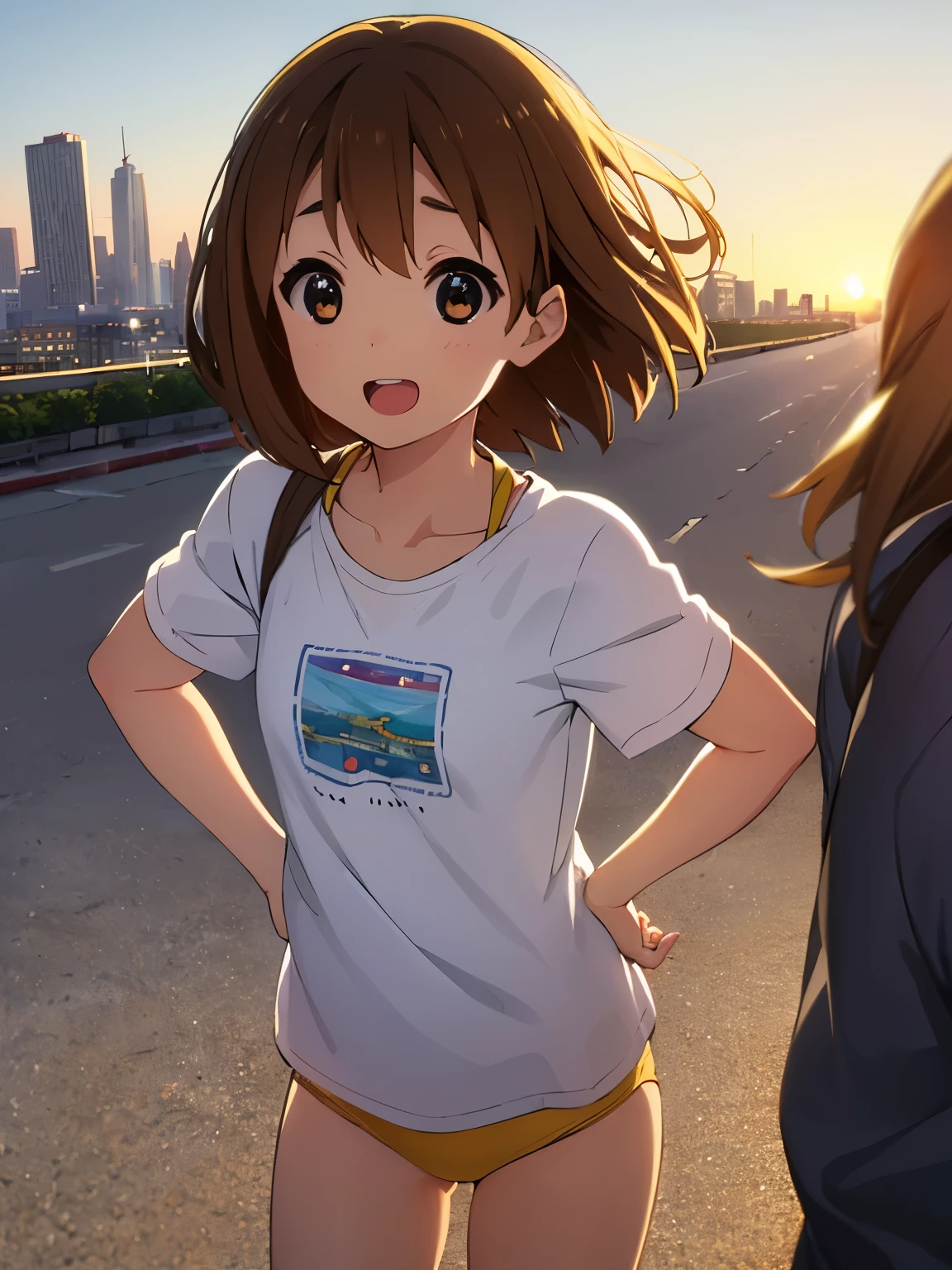 1girl, (((​masterpiece))), top-quality, top-quality, High Details, Hirasawa Yui, 1girl, two yellow hairpin, short hair, A brown-haired, brown-eyed, 独奏, Beach clothes, underwear, bikini, full body, full image, illustratio, comic strip, soothing tones, Subdued Color, Soft cinematic light, adobe lightroom, photolab, HDR, intricately and hyper-detailed、(((depth of fields))))。(((​masterpiece)))。(((top-quality))).)((ultra-detailliert)))。(((illustratio)))。(((takeout))).dynamic focus.big breasts.(((Skyscrapers))).(((A city scape))).(((Face of happiness))). open mouth.(((put hands on the hip))).(((up chest))).((afternoon glow)).((the setting sun)).