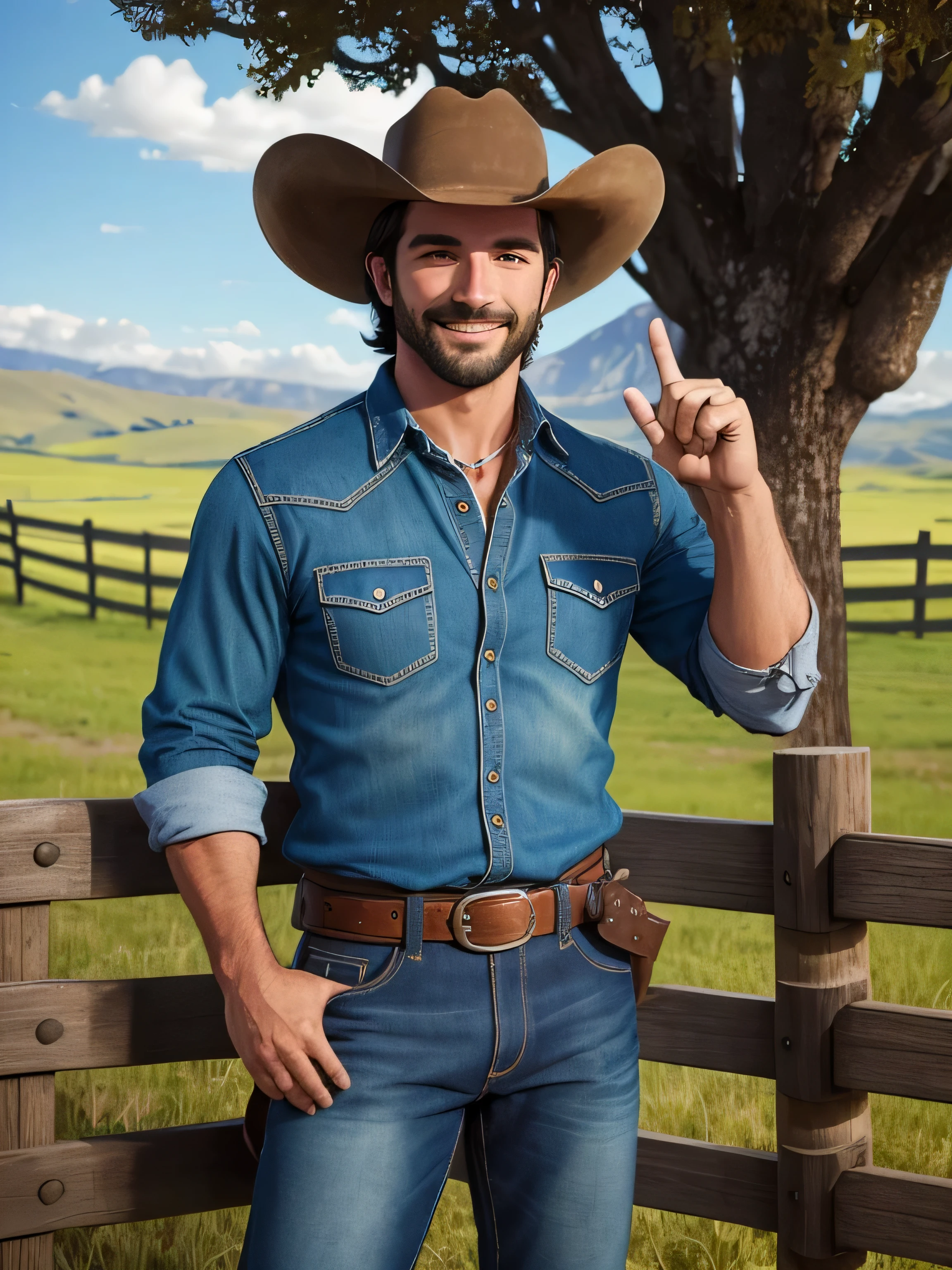 Title: "Vaqueiro Sorridente: Pasture illustration with herd"
Description:
Create a charming illustration of a 35-year-old cowboy in a country style, apresentando uma barba baixa. Ele veste uma camisa azul claro, um colete marrom escuro, jeans, botas de couro, e um cinto de couro robusto. The cowboy is smiling, giving a gesture of approval with the thumb of the right hand.
A cena se desenrola ao lado de uma cerca de madeira, delimitando um pasto onde vacas brancas e bezerros pastam pacificamente. um cavalo preto, sealed and tied to the fence, completes the country scene. Make sure you capture the essence of the cowboy, o ambiente rural, and friendly interaction with the herd.