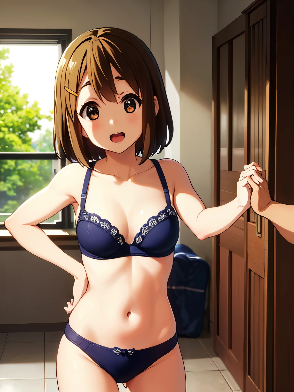 1girl, (((​masterpiece))), top-quality, top-quality, High Details, Hirasawa Yui, 1girl, two yellow hairpin, short hair, A brown-haired, brown-eyed, 独奏, underwear, bikini, full body, full image, illustratio, comic strip, soothing tones, Subdued Color, Soft cinematic light, adobe lightroom, photolab, HDR, intricately and hyper-detailed、(((depth of fields))))。(((​masterpiece)))。(((top-quality))).)((ultra-detailliert)))。(((illustratio)))。(((takeout))).dynamic focus.big breasts.(((school))).(((A school bathroom))).(((Face of happiness))). open mouth.(((put hands on the hip))).(((up chest))).((afternoon glow)).((the setting sun)).