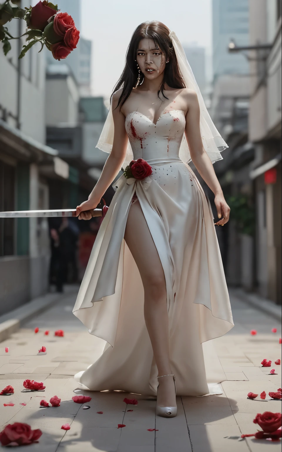 Korean Naver Webtoon novel illustration style of a beautiful woman in a wedding dress holding a long, blood-stained katana, with angry eyes staring straight ahead, surrounded by a backdrop of fluttering rose petals and roses, set in the urban landscape of Seoul. The dress, sword, and her face are splattered with blood, by a combination of Kim Jung Gi and Hyung-Tae Kim, cinematic composition, trending on ArtStation.