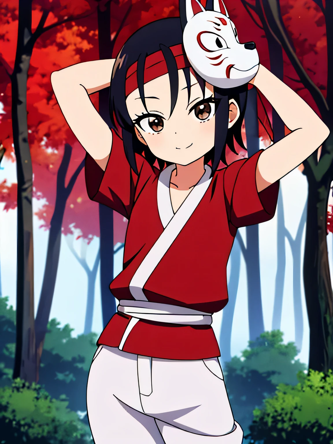 masterpiece, best quality, kunoichi_rindou, brown eyes, black hair, short hair, red kimono, short sleeves, white shorts, red headband, fox mask, mask on head, closed mouth, solo, cowboy shot, night sky, forest, {arms behind head}, contrapposto, shy smile, spread armpits, anime,
