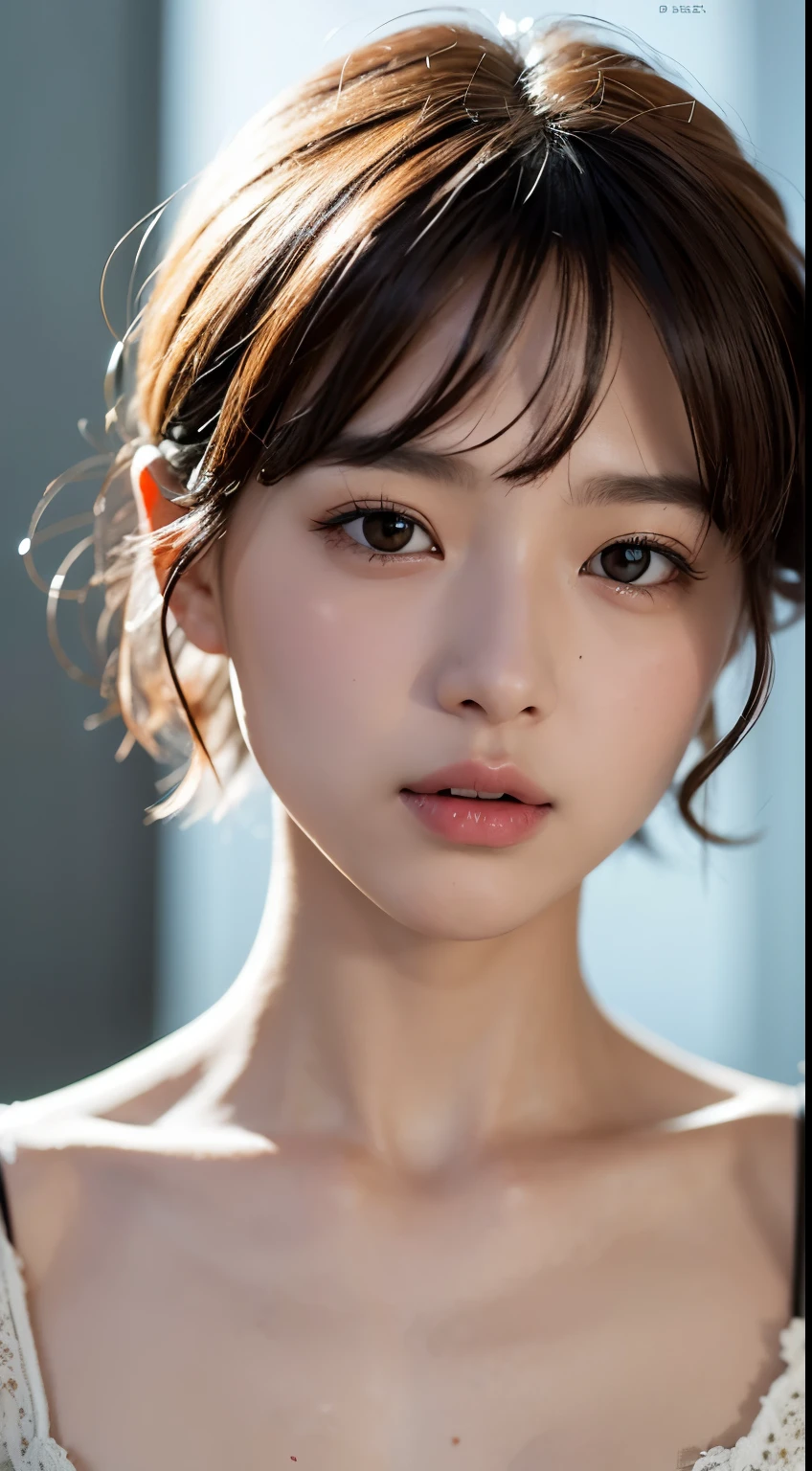 best qualtiy，tmasterpiece，超高分辨率，（realisticlying：1.4），RAW photogr，Wallpapers，photo of head，Delicate skin，simplebackground，Fine eyes，the detail，cleavage selfie， 1个Giant Breast Girl，light wind，rays of sunshine，doubt，adolable，random hair style，Bandeau wedding dress，chies