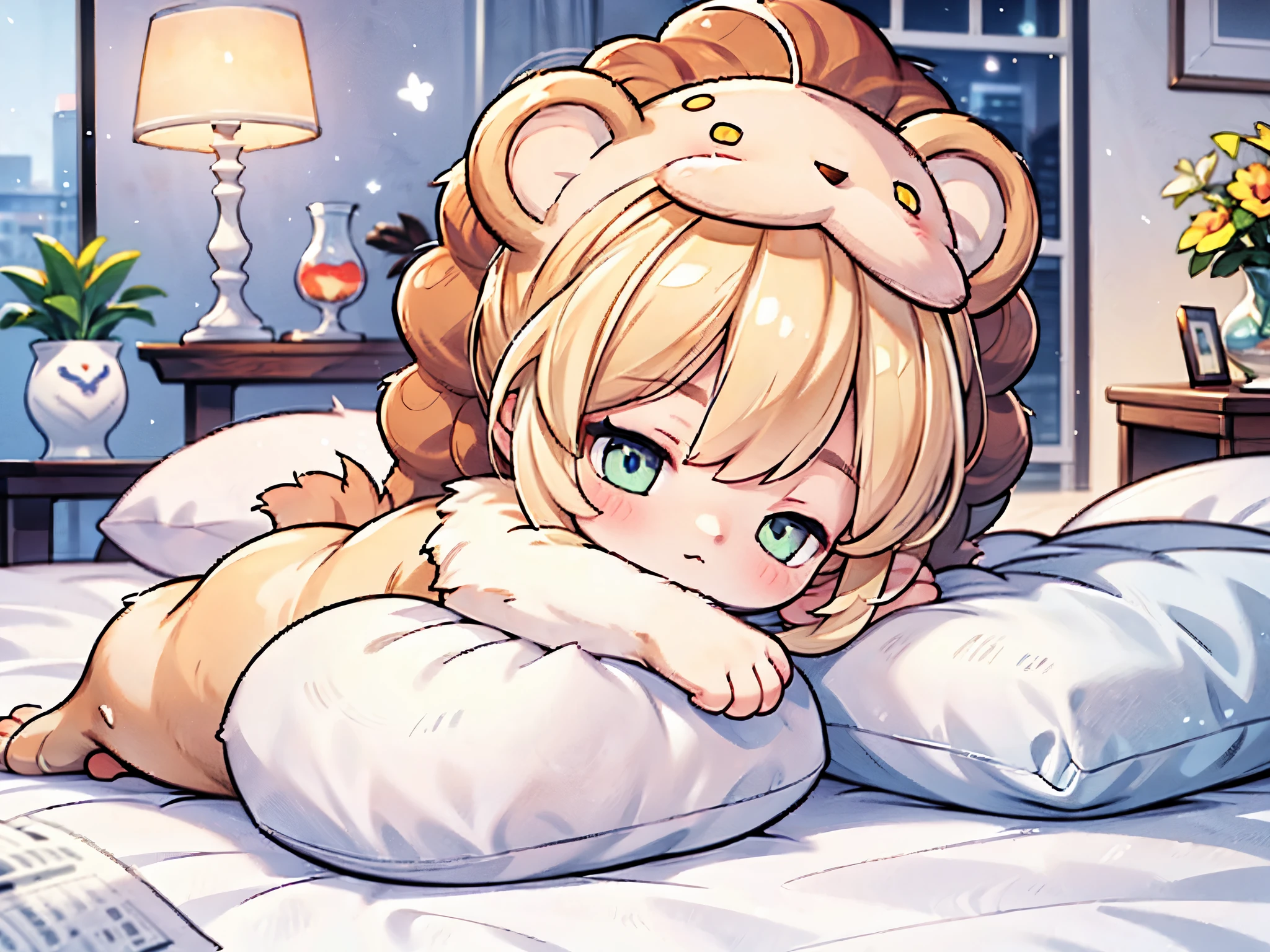 Girl | 8 | Lion-themed Pajamas, Sleeping Comfortably in Bed | Short Blond Chibi Hair with Lion Mane | Bright Green Eyes | Cozy 's Room with Stuffed Animals | Star Symbols Lamp on Bedside Table | Styles: Animal Fantasy, Chibi, Childlike. (lion's mane:1.3), (Eyes closed:1.2), (Sleeping:1.5)