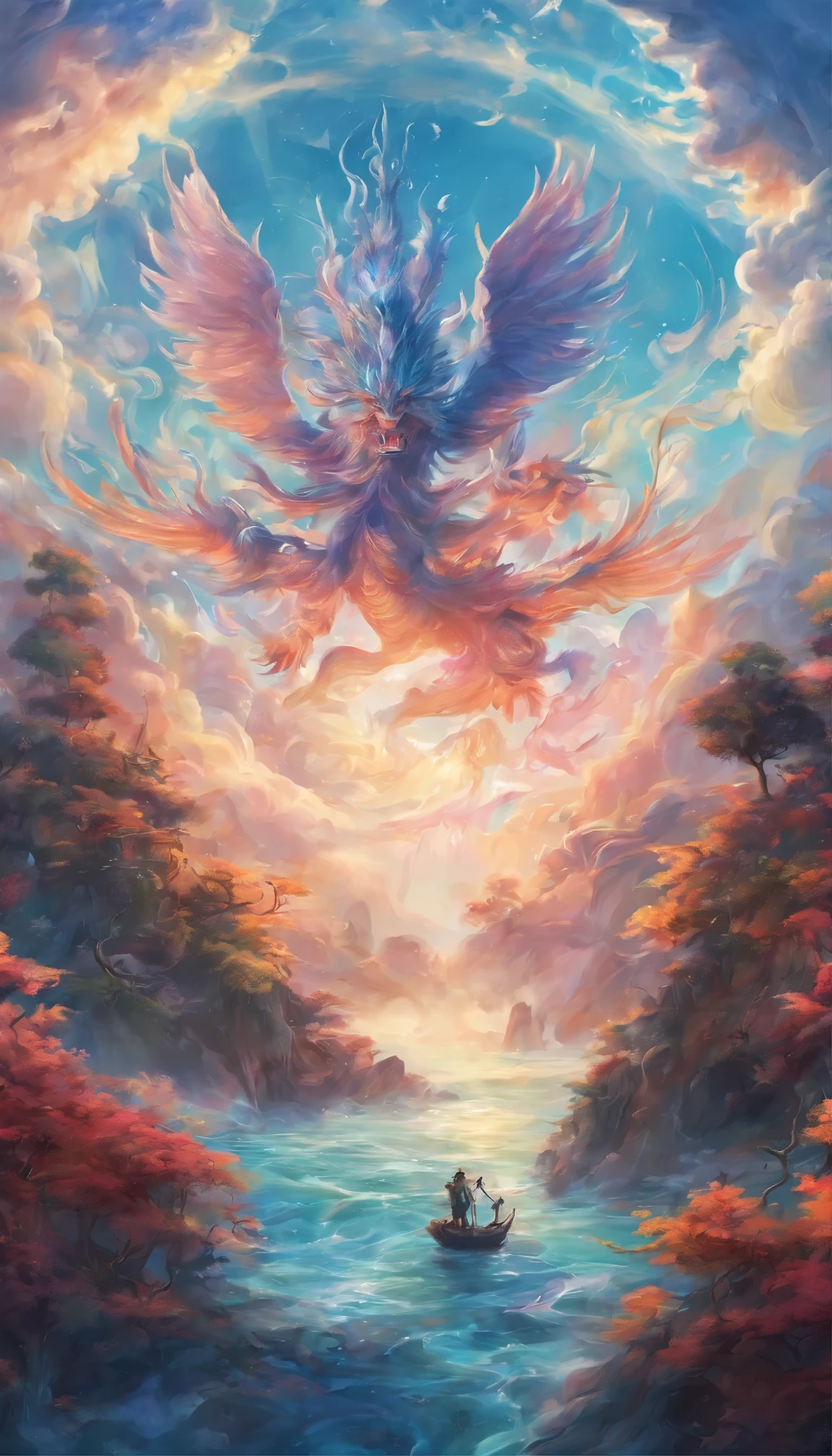 Blue sky in dreams,baiyun,Ultra-ethereal sky,Thick rolling white clouds,Like white clouds in a fairyland,Dragon-shaped clouds,Cloud in the shape of a phoenix,closeup cleavage,(ultra-realistic realism),(Unreal style),(8k wallpaper),(light and shadow effect),rendering by octane,White balance design,Extremely detailed picture depiction,wide angles,depth of fields,tmasterpiece,realisticlying,Beautifully depicted,A detailed,acurate,Works of masters,tmasterpiece