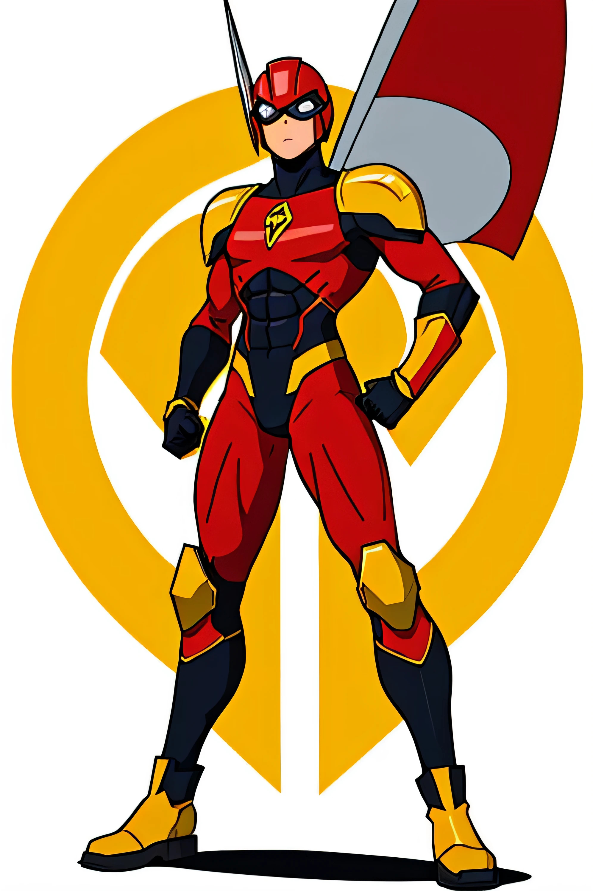 Render full body portrait of age superhero standing with relaxed posture against pure white background. He wears skin-tight vibrant red armored bodysuit accented with bold yellow gauntlets, boots, shoulder pads, and angular asymmetric yellow emblem with stylized “M1” lettering on chest. Equip dark yellow motorcycle-styled helmet with tinted angular visor framed covering upper face. Use accurate anatomy and musculature, perfect proportions on slender athletic build.