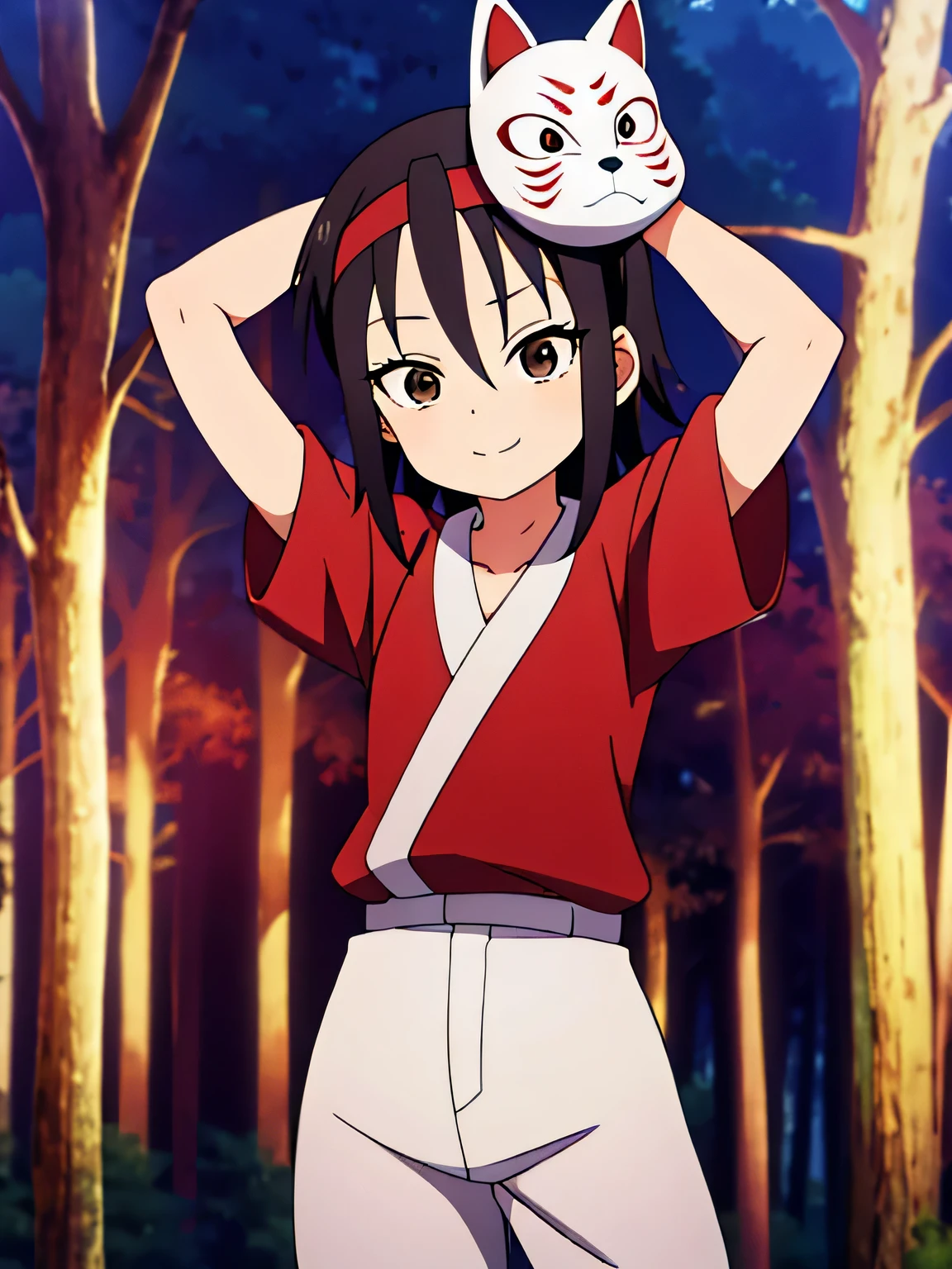 masterpiece, best quality, kunoichi_rindou, brown eyes, black hair, short hair, red kimono, short sleeves, white shorts, red headband, fox mask, mask on head,  anime, closed mouth, solo, cowboy shot, night sky, forest, {arms behind head}, contrapposto, shy smile, spread armpits,
