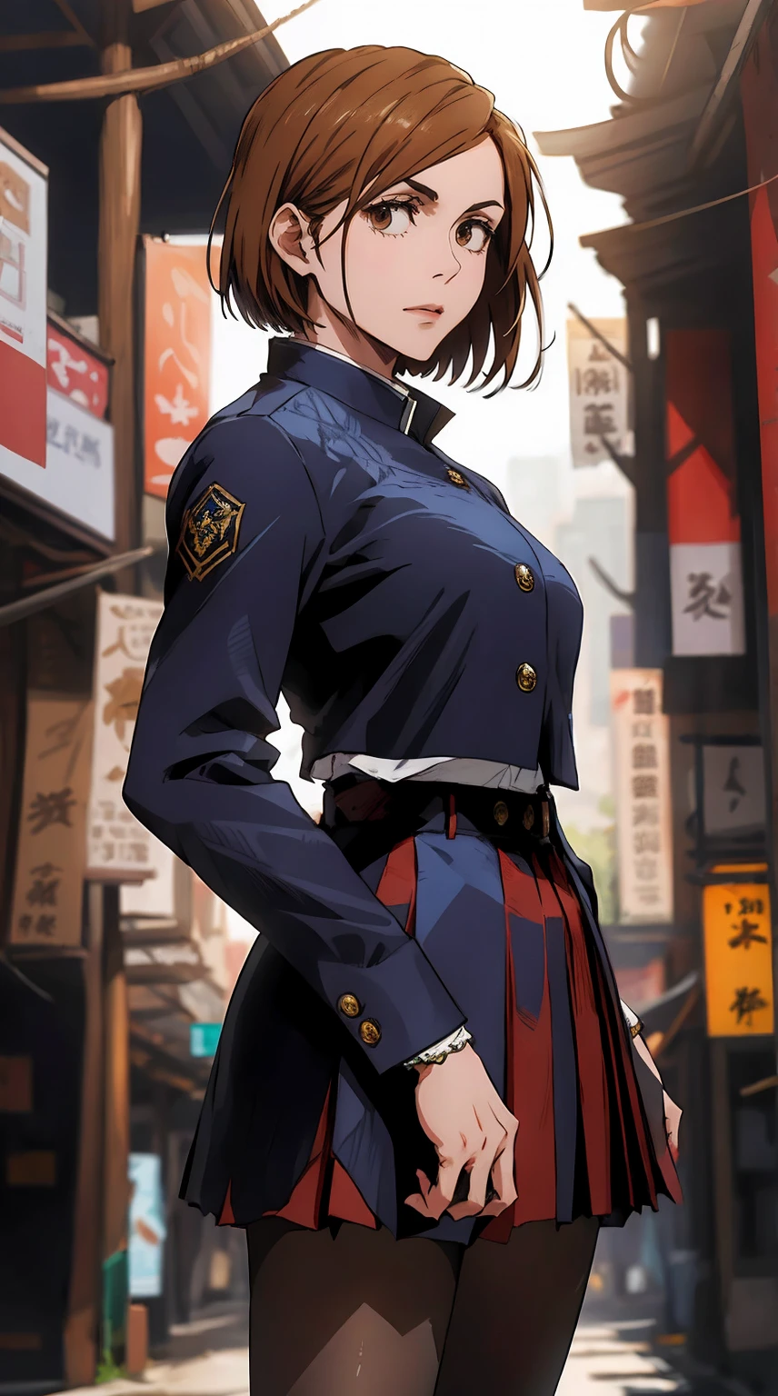 1girl, cowboy shot, beautiful Nobara, school_uniform, bangs, jacket,, volumetric lighting, best quality, masterpiece, intricate details, tonemapping, sharp focus, hyper detailed, trending on Art Station, 4k,full body