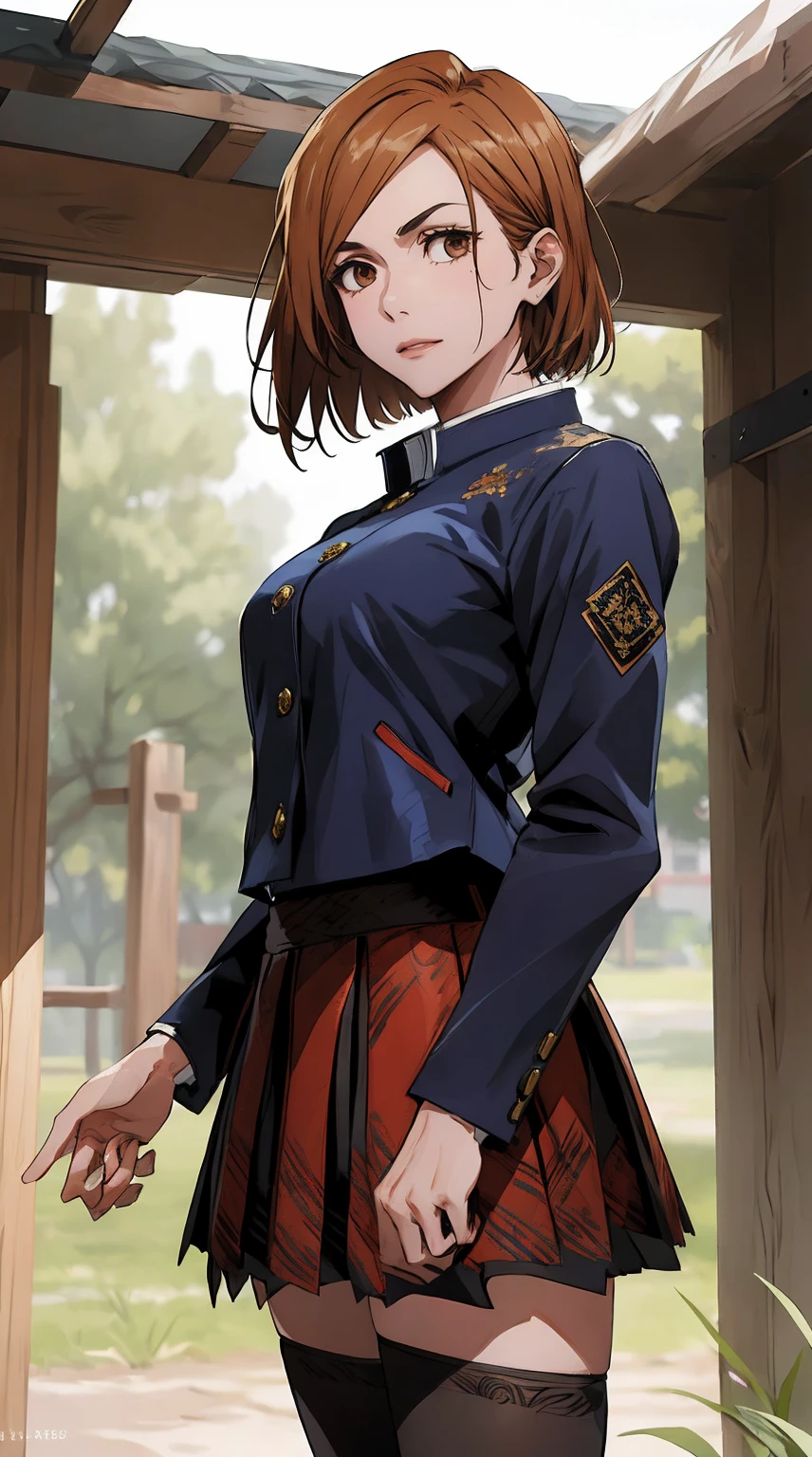 1girl, cowboy shot, beautiful Nobara, school_uniform, bangs, jacket,, volumetric lighting, best quality, masterpiece, intricate details, tonemapping, sharp focus, hyper detailed, trending on Art Station, 4k,full body