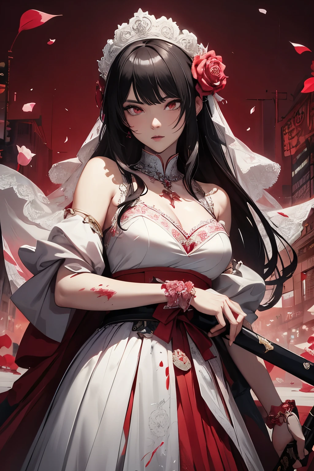 Korean Naver Webtoon novel illustration style of a beautiful woman in a wedding dress holding a long, blood-stained katana, with angry eyes staring straight ahead, surrounded by a backdrop of fluttering rose petals and roses, set in the urban landscape of Seoul. The dress, sword, and her face are splattered with blood, by a combination of Kim Jung Gi and Hyung-Tae Kim, cinematic composition, trending on ArtStation.
