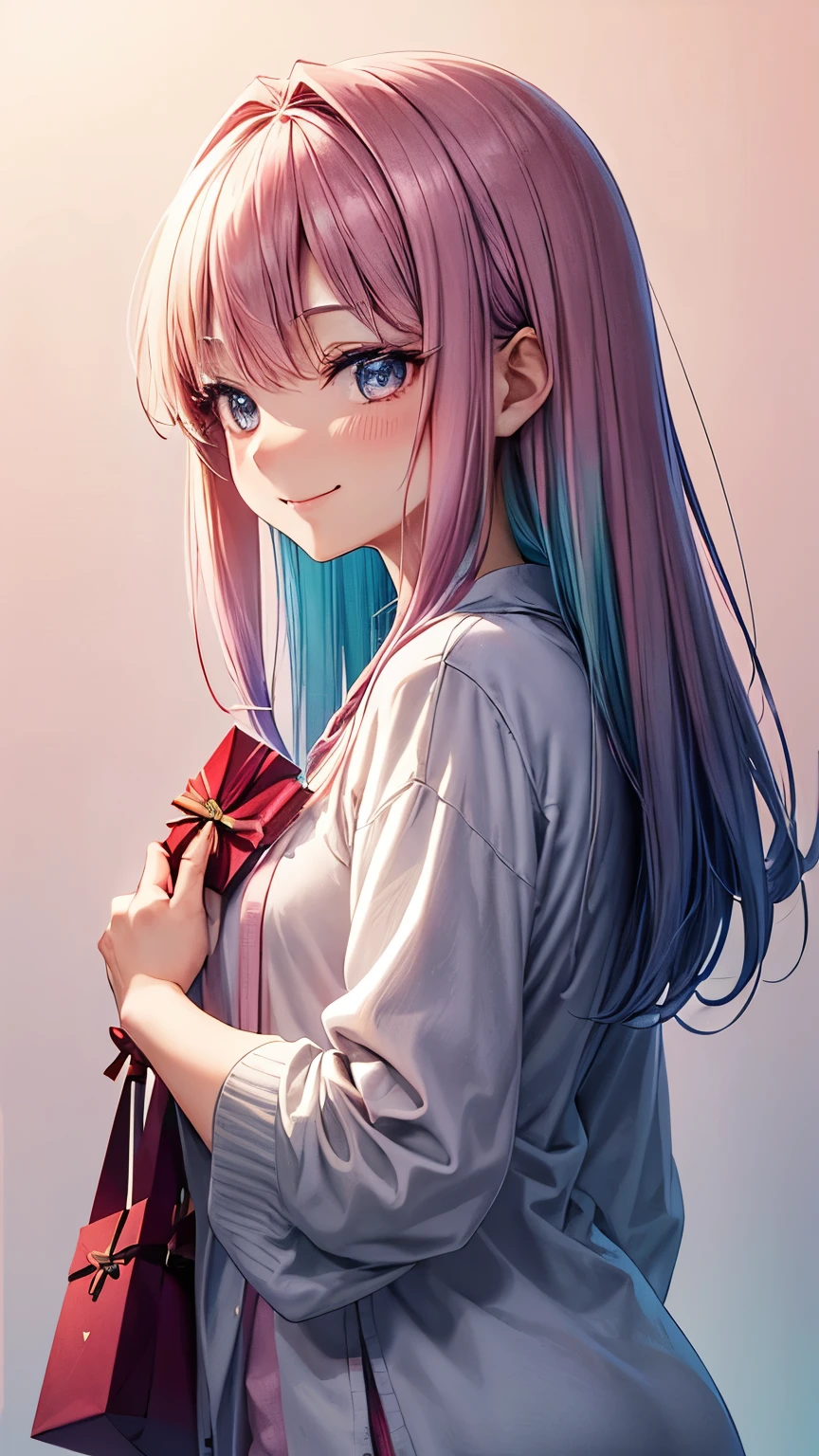 A 26 years old Japanese lady (( slender, medium breast )), straight medium hair(( light red gradients )), ((much shaggy forelock)), ((pink gradients )) colors cardigan ((light green indigo gradients shirt )), holding her arms in front,looking back pose,(( corners of her mouth are rising)),((no background))(( blue eyes, smile calmly )), have a small present box in her hands (( for valentine day))