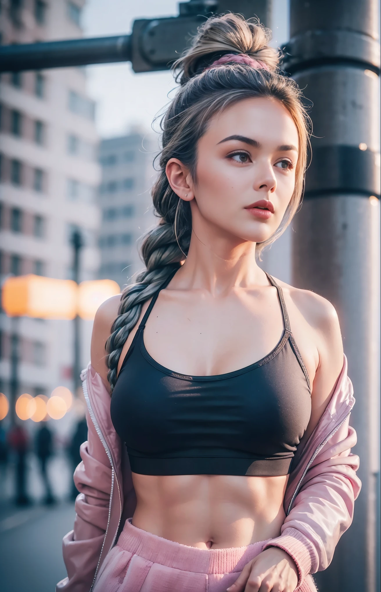 gorgeous cute Austrian girl, (casual crop top), Steel gray hair loose braided hair, black crop top bra , pink fluffy jacket, , oversized gym pants, both hands are in walking style,in background the street light pole, backstreet, (city), hip-hop, ,  perfectly symmetrical face, detailed skin, vivid colours, HDR, hard shadows, art photography, soft focus, masterpiece, breathtaking, atmospheric perspective, diffusion, pore correlation, skin imperfections, 80mm Sigma f2, depth of field, intricate natural lighting