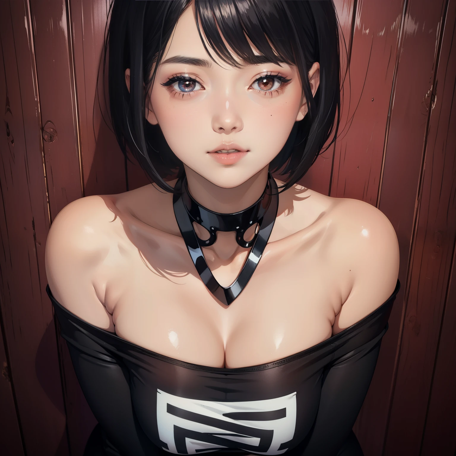 Sexy and cute woman, short black hair, bob style, kind soft delicate eyes, expressive eyes, seductive gaze, deepest pink blush, glossy red lips smiling parted, plump, long neck, visible collarbone, medium chest, white t shirt with black graphics tucked into black shiny pants, pinned against a wooden wall, intimate moment