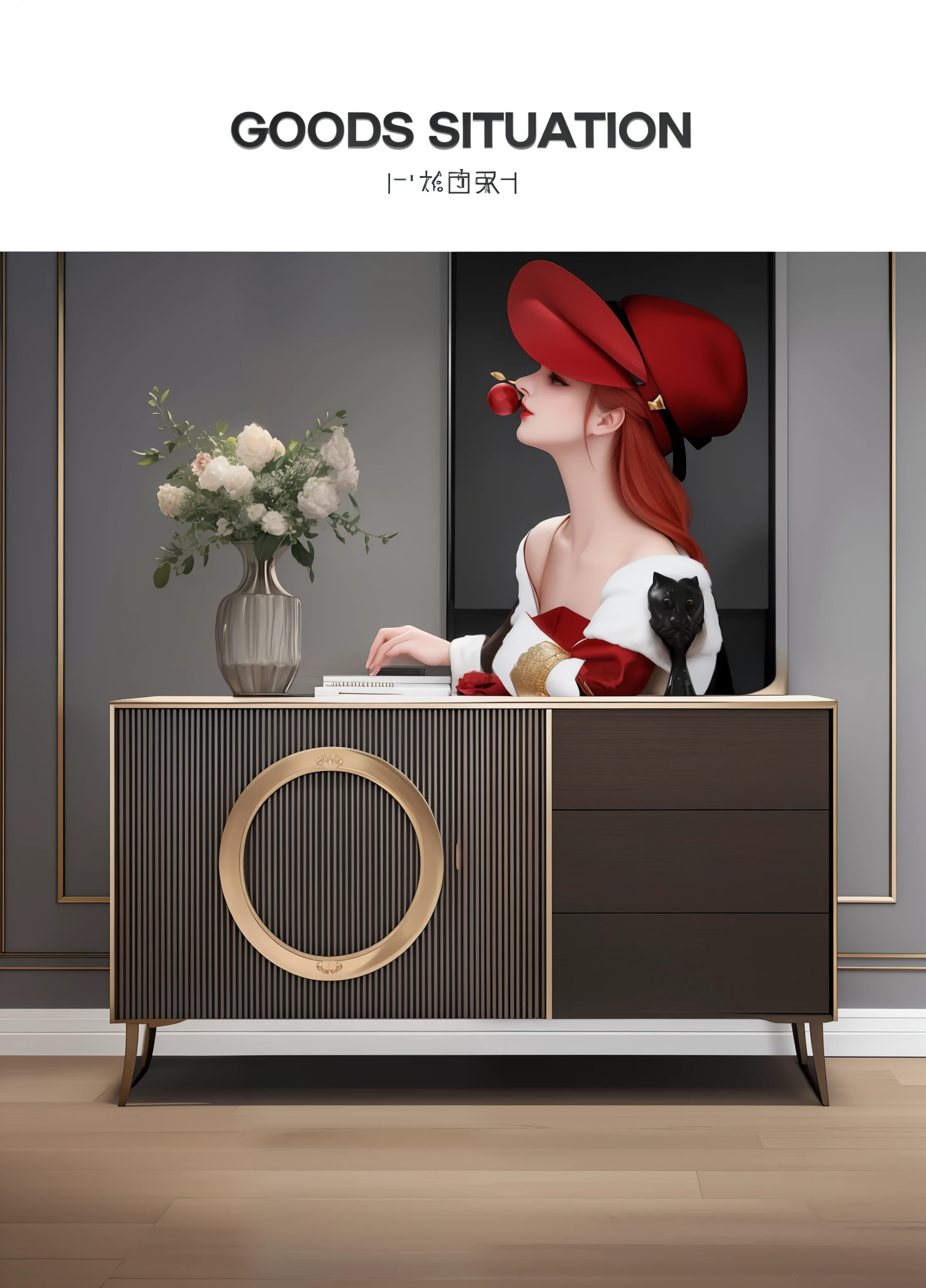 a picture of a woman in a red hat is sitting on a sideSecondoard, Furniture design Art Deco, designer furniture, caSecondinet furniture, furniture concept photo!!, ( Art Deco ), luxury furniture, 8k--height 768, high-definition, Furniture design, Second, elegant furniture, Elegant and refined, high quality picture, high quality], Ultimate quality masterpiece
