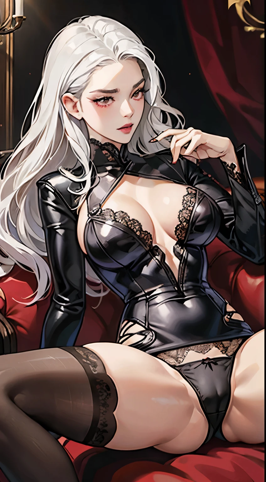 (best quality,high resolution:1.2),Super detailed,actual:1.37,a sexy, Mature and beautiful lady wearing black tight leather dress, Comes with lace lingerie, showing her angry expression, Close-up of her panties, white hair, red eyes, and exposed her,Spread your legs to show your