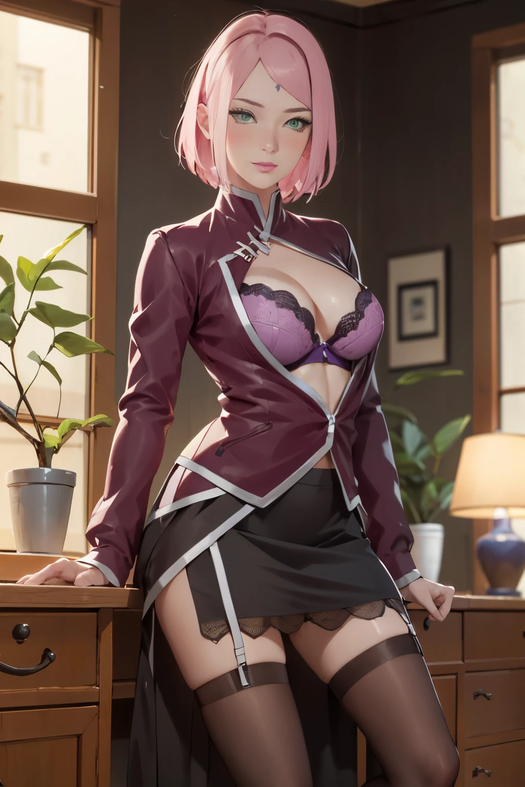 masterpiece, absurdres, sakura\(boruto\), 1girl, solo,mature female, detailed purple bra lenjerie, detailed purple thong lenjerie, using detailed y black skirt, open skirt, open clothes, y skirt), perfect composition, detailed lips, breast, beautiful face, body propotion, blush, (pink lips), short hair,  green eyes,  soft gaze,  super realistic, detailed, photoshoot, realistic face and body, thighhighs, full body,  pose, provocative pose, waiting  pose