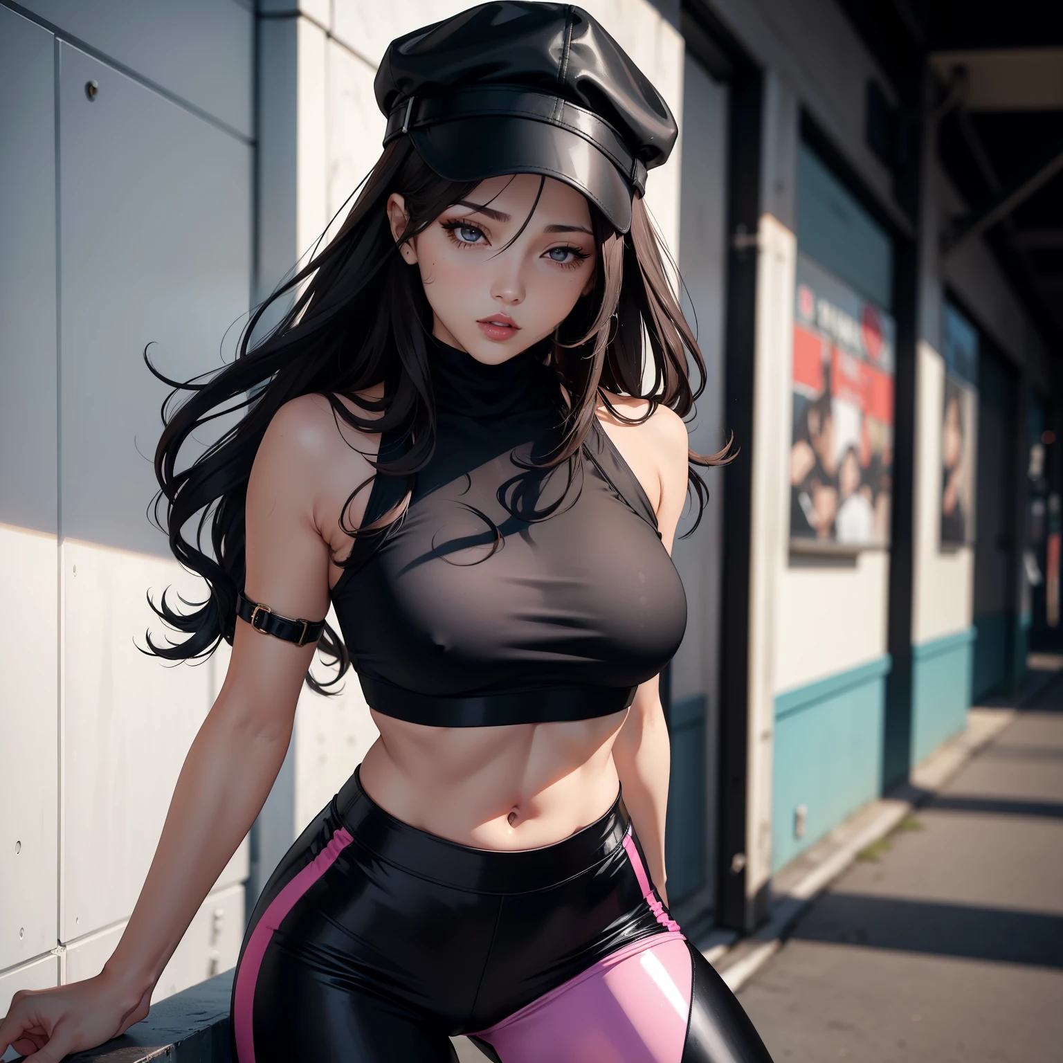 Sexy woman with long, sleek brown hair and dyed strands, wearing a stylish black cap. She has stunning makeup with black eyeliner and glossy lips, complementing her perfect face. She is dressed in a pink crop top, black skinny pants, and sneakers, showcasing her amazing fit body.