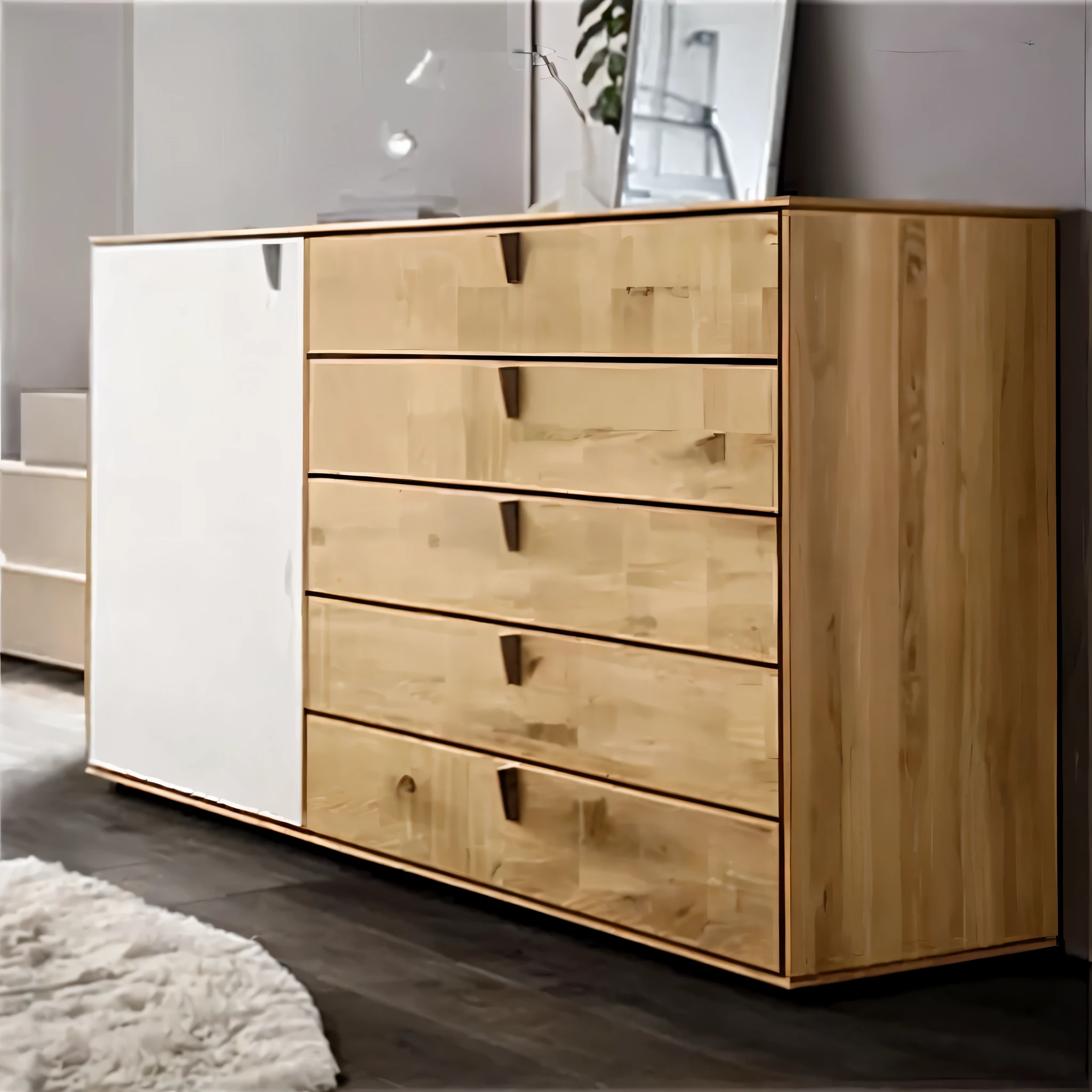 There is a white and wooden dresser，There is a mirror on the wall, cupboard家具, wooden furniture, boobgasm, wooden furniture, oak, inspiration, cupboard, wooden furniture, Biedermeier, Encouraging, cupboard, detailed image, rural, clear details, wood cupboard, Layered, detailed picture, large boobgasm, simple furniture, rendering, wooden cabinet