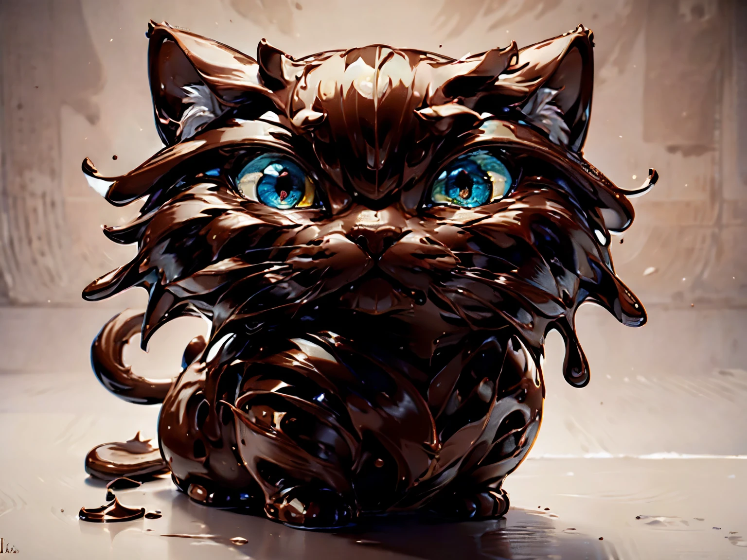 ((Chocolate art)), masterpiece,best quality,highest quality,ultra detailed,extremely detailed,highres,official art,high-resolution,4K,8k,UHD, a cute cat, lying, cloth eyes, fluffy, background is melting white wall, 