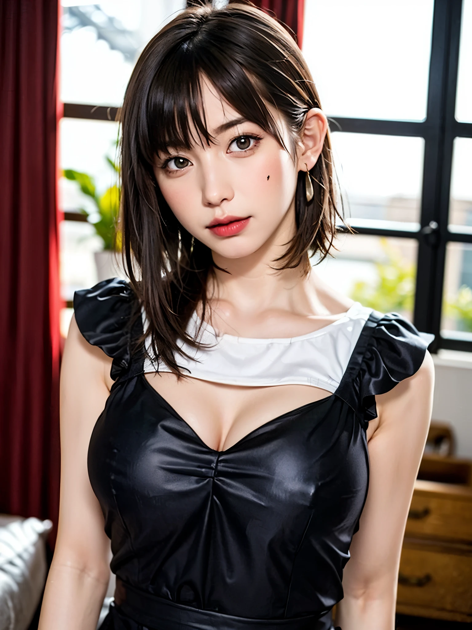 (table top, highest quality、high detail:1.4、very attractive beauty、Adds intense highlights to the eyes、look closely at the camera:1.4、Beautiful woman full of charm、ideal body proportions、perfect anatomy、brunette short bob hair、shiny hair、bangs:2、光沢のあるbangs:2、lip gloss),1 girl, Report, light brown shiny hair, scarf,realistic, looking at the viewer、Please tilt your head slightly, bright colored crystal light blue eyes, short and shiny hair、 chest中央に穴の開いた白いタートルネックの衣装,chestの真ん中に丸い穴のあるセクシーな白いタートルネック ニット セーター、 lips, lip gloss, Upper body、Big eyes、eyelash、face is a little red、embarrassing)、((italian road in winter))、((short hair with Big eyess、Give your students very powerful highlights、{Huge|big|Hugeな|mega} chest:2、very bigger chest:2、look at the audience、very beautiful beauty、show me your ears、long neck、smile a little、beautiful teeth、open your mouth and smile、heart shaped eyes))、28 years old、very cute super model、portrait:2、close your face:2