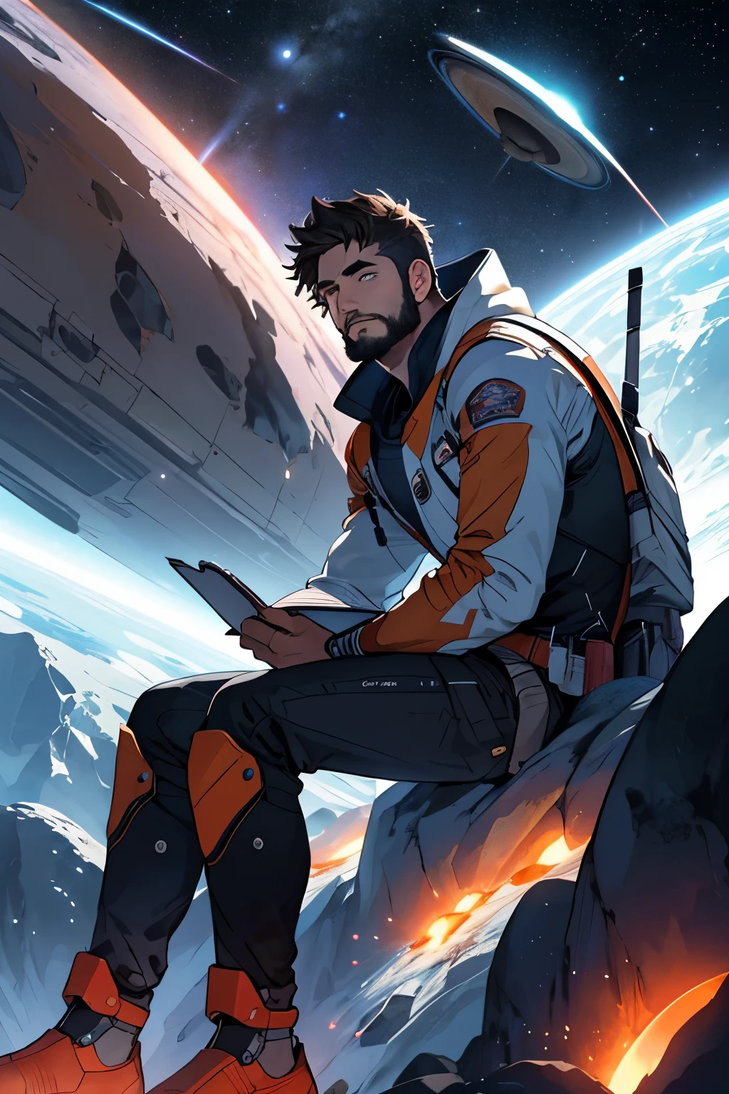 Draw a young beauty, Sitting on a research platform floating in the middle of the asteroid belt. He is studying with his notebook, Surrounded by several asteroids with fiery rings. Dramatic lights from distant stars and planets illuminate the scene, Casts a deep shadow on the suit. This young man looks confident and determined, Look at the vast and mysterious universe with wonder and respect,beard, cowboy shooting,